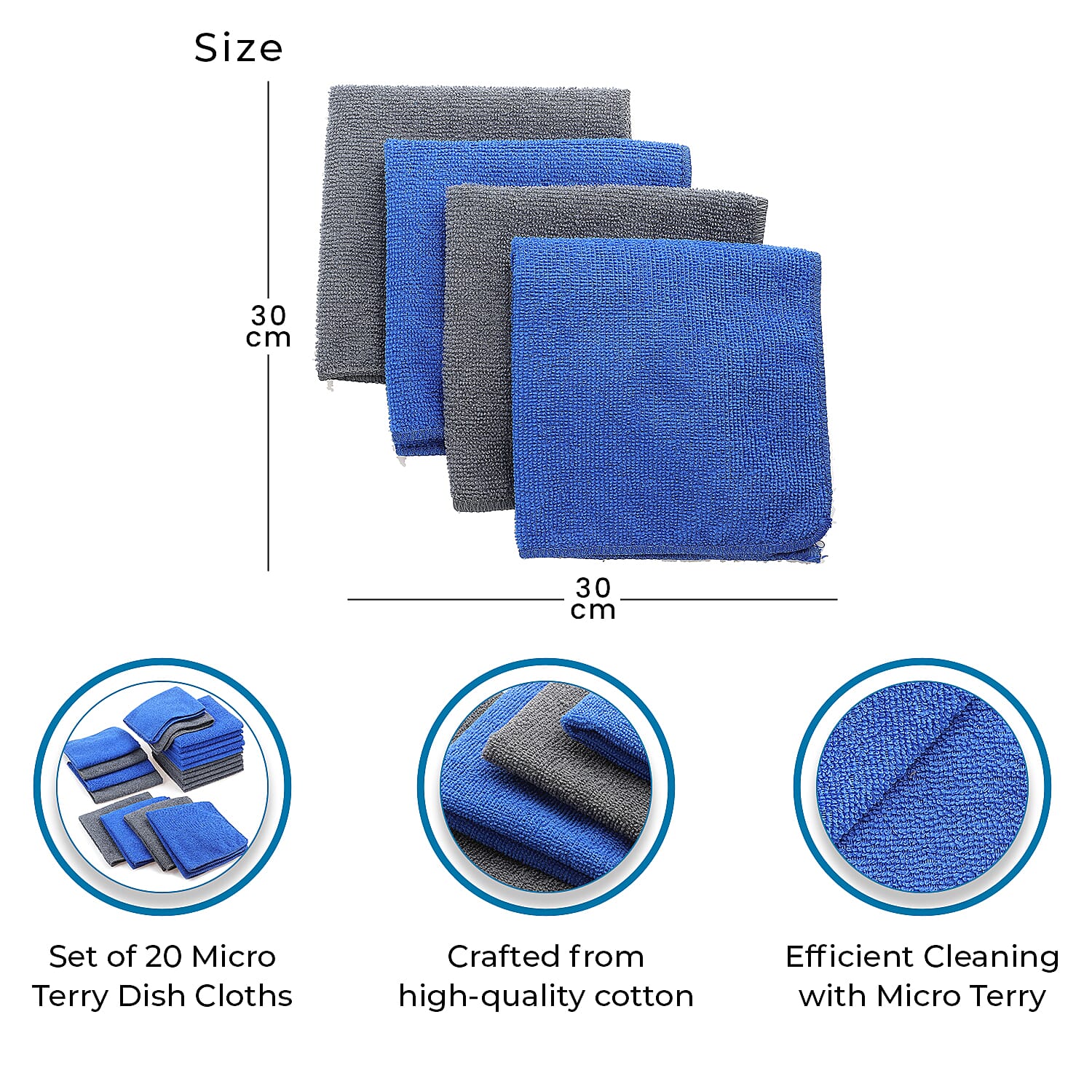 Set of 20 Micro Fiber Terry Kitchen Towels (Size 30x30 cm) - Blue & Grey