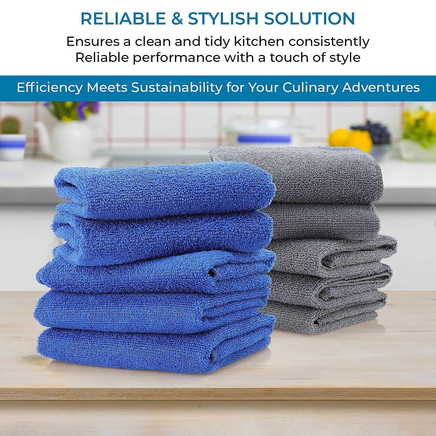 Set of 10 Micro Terry Dish Cloths (Size 60x40 cm) - Blue - Grey