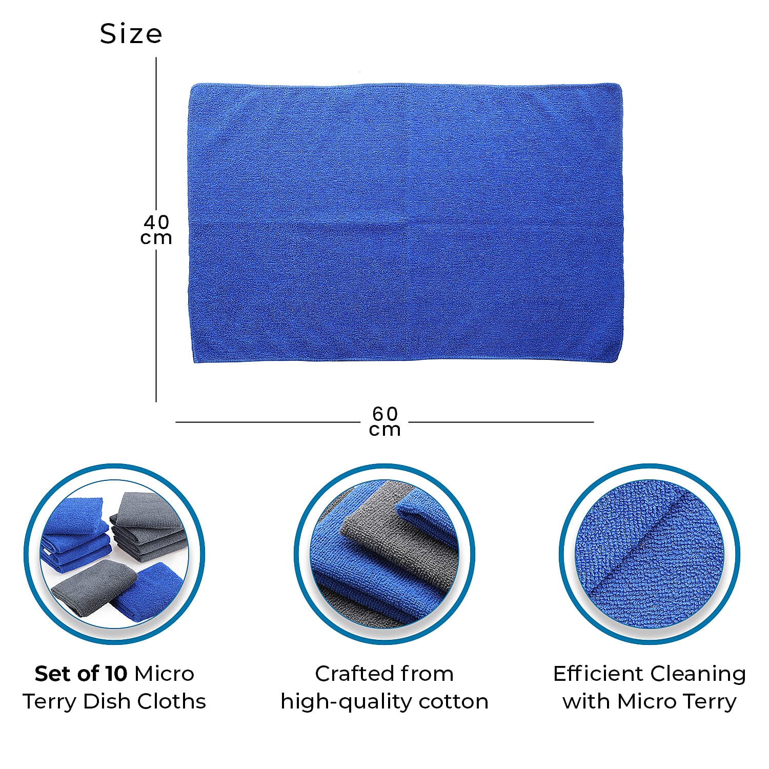 Set of 10 Micro Terry Dish Cloths (Size 60x40 cm) - Blue - Grey