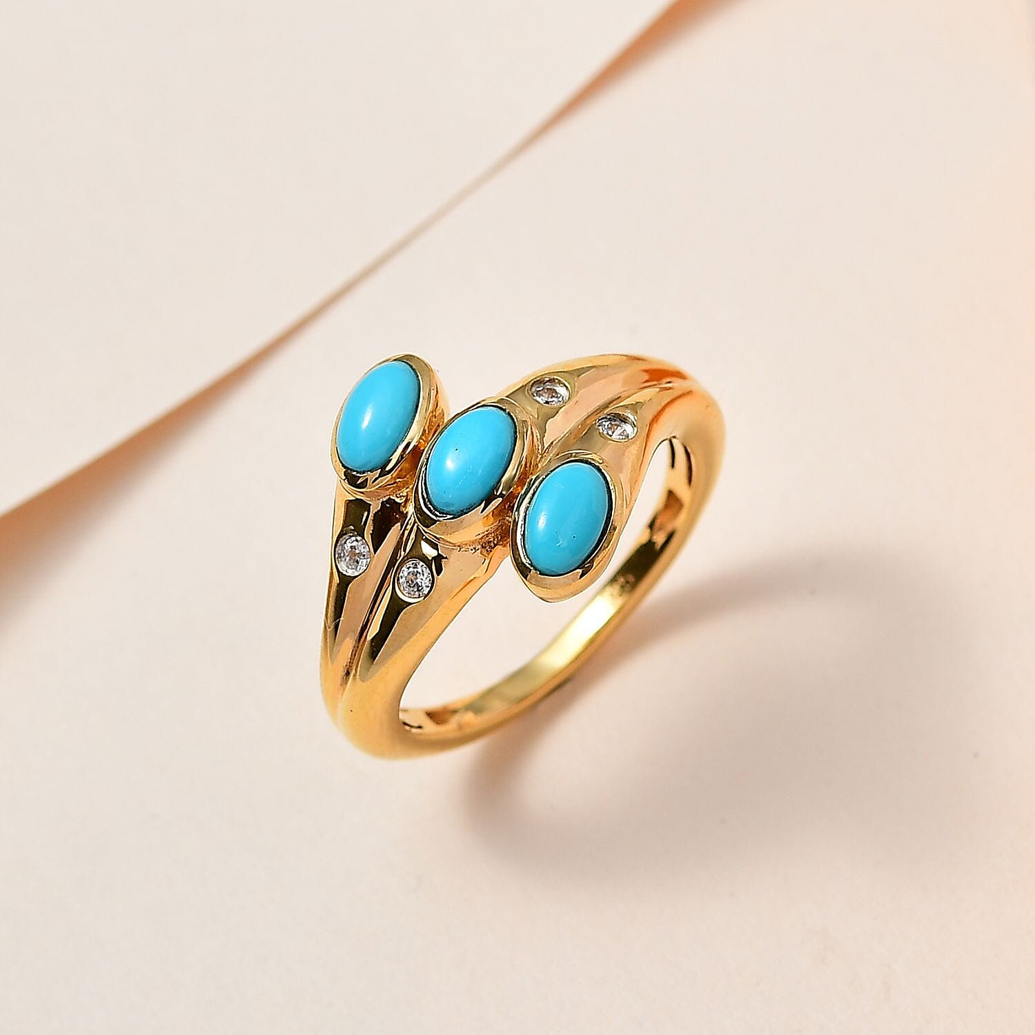 Arizona Sleeping Beauty Turquoise Natural Zircon Bypass Ring in 18K Yellow Gold Vermeil Plated Sterling Silver
