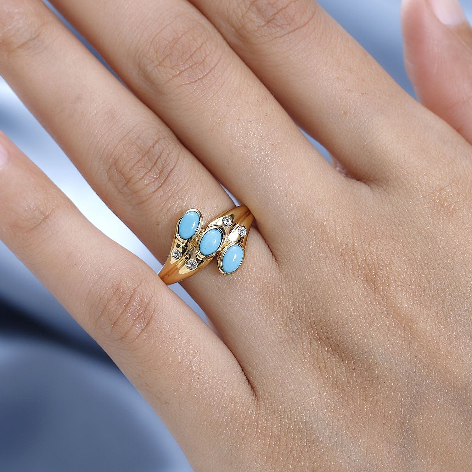 Arizona Sleeping Beauty Turquoise Natural Zircon Bypass Ring in 18K Yellow Gold Vermeil Plated Sterling Silver
