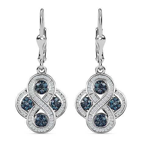 Designer Inspired Blue & White Diamond Earrings in Platinum Overlay Sterling Silver 1.00 Ct. Designer Inspired Blue & White Diamond Earrings in Platinum Overlay Sterling Silver 1.00 Ct.