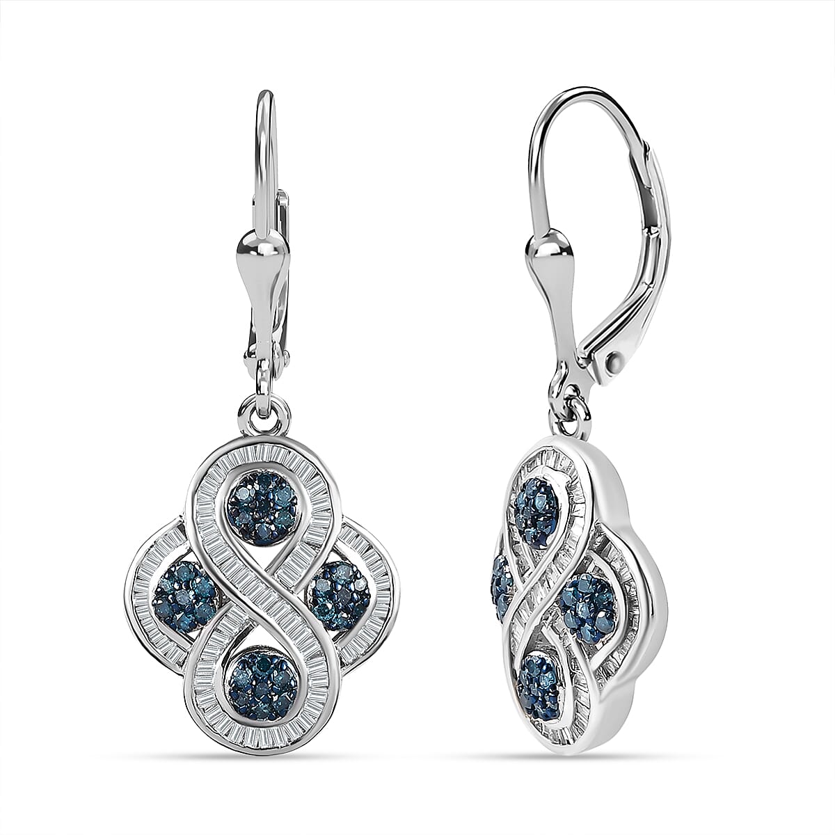 Designer Inspired Blue & White Diamond Earrings in Platinum Overlay Sterling Silver 1.00 Ct.