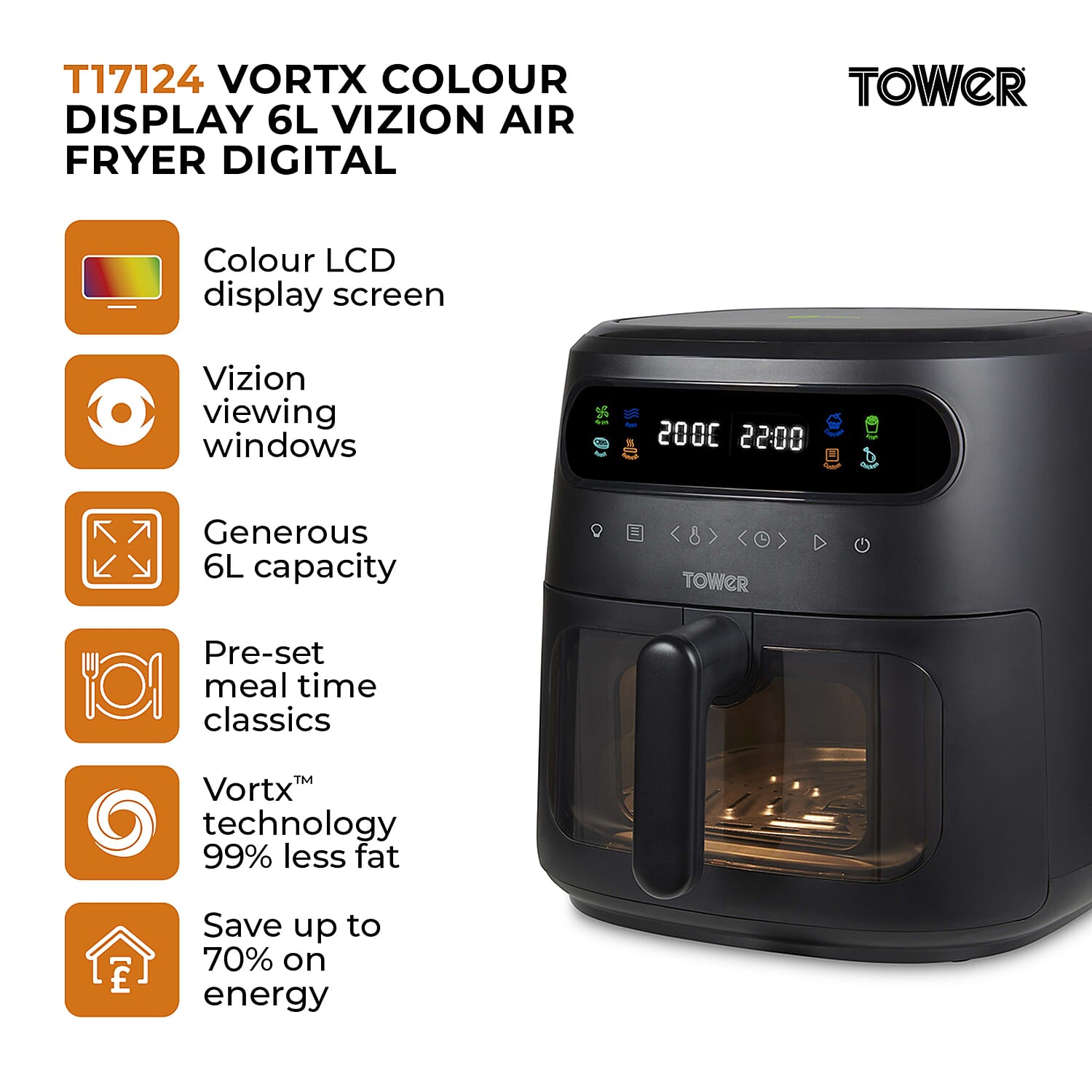 Tower- Vortx Vizion Air Fryer with Colour LCD Digital Display with 6 Litre Capacity - Black