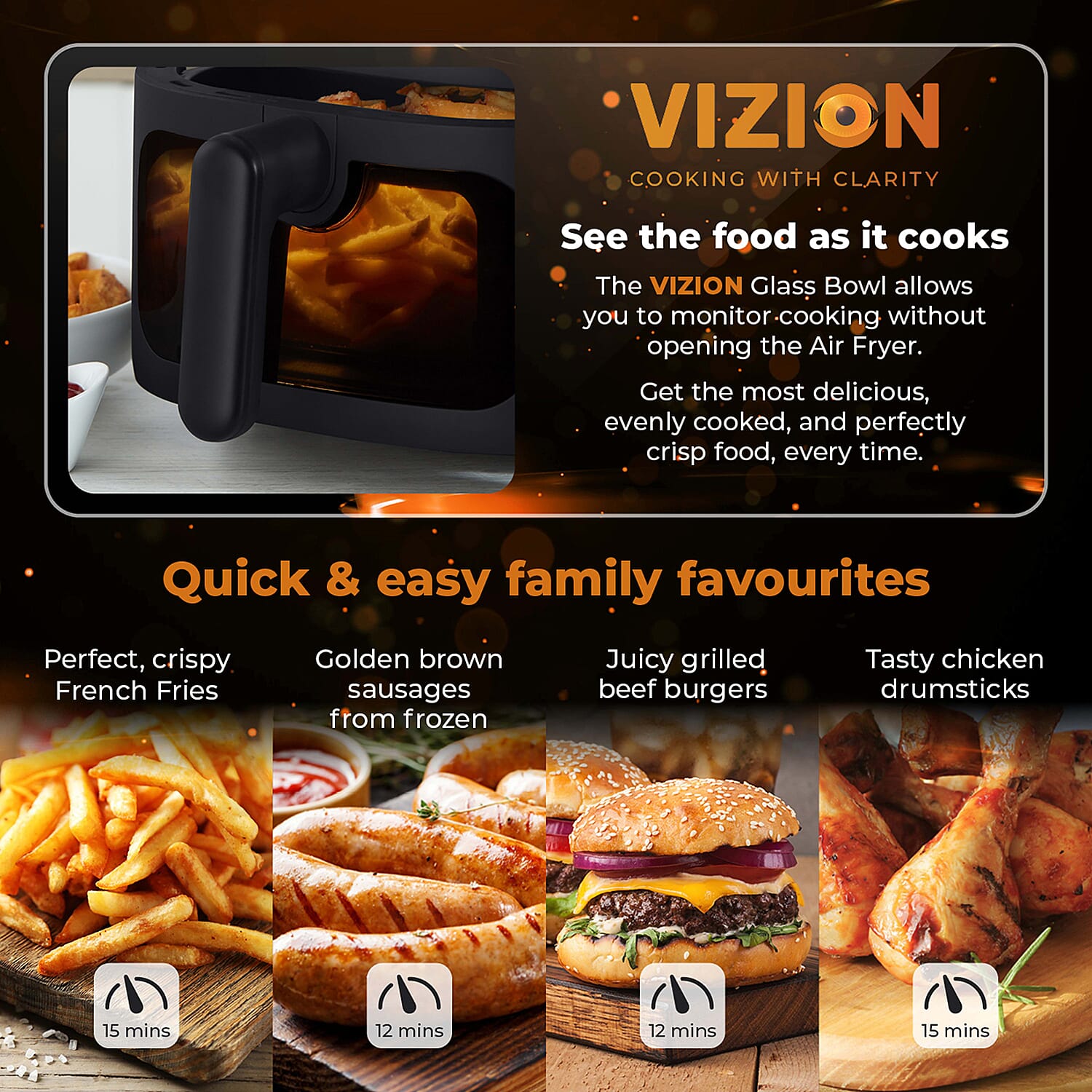 Tower- Vortx Vizion Air Fryer with Colour LCD Digital Display with 6 Litre Capacity - Black