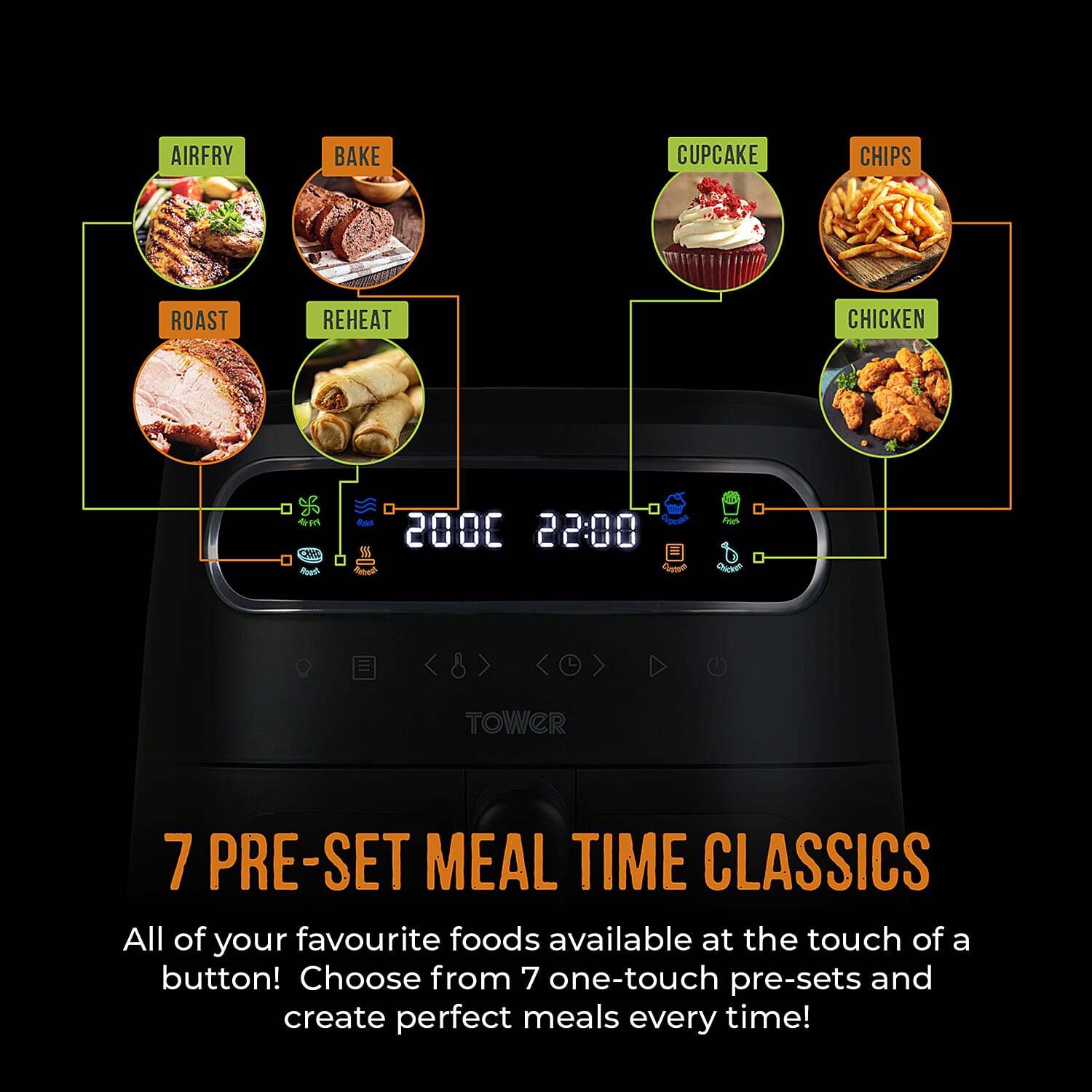 Tower- Vortx Vizion Air Fryer with Colour LCD Digital Display with 6 Litre Capacity - Black