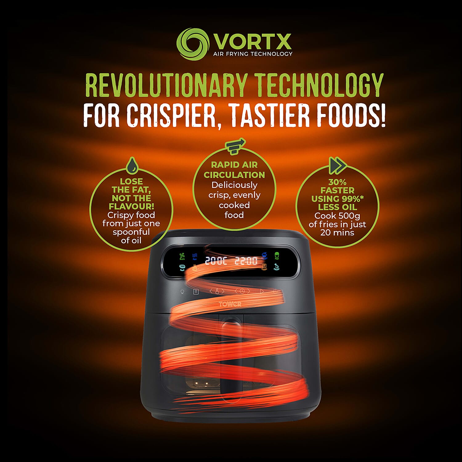 Tower- Vortx Vizion Air Fryer with Colour LCD Digital Display with 6 Litre Capacity - Black