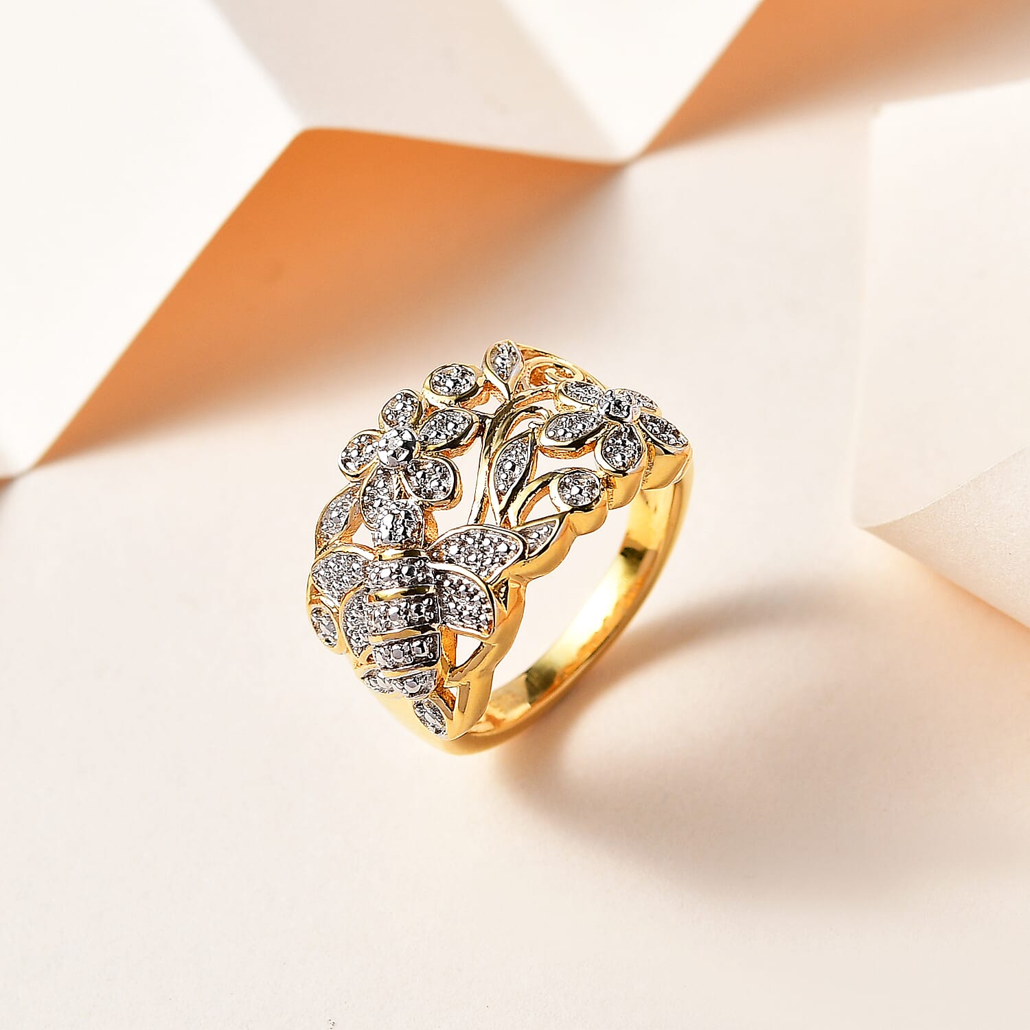 White Diamond  Cluster Ring in Vermeil YG Sterling Silver 0.01 ct  0.005  Ct.