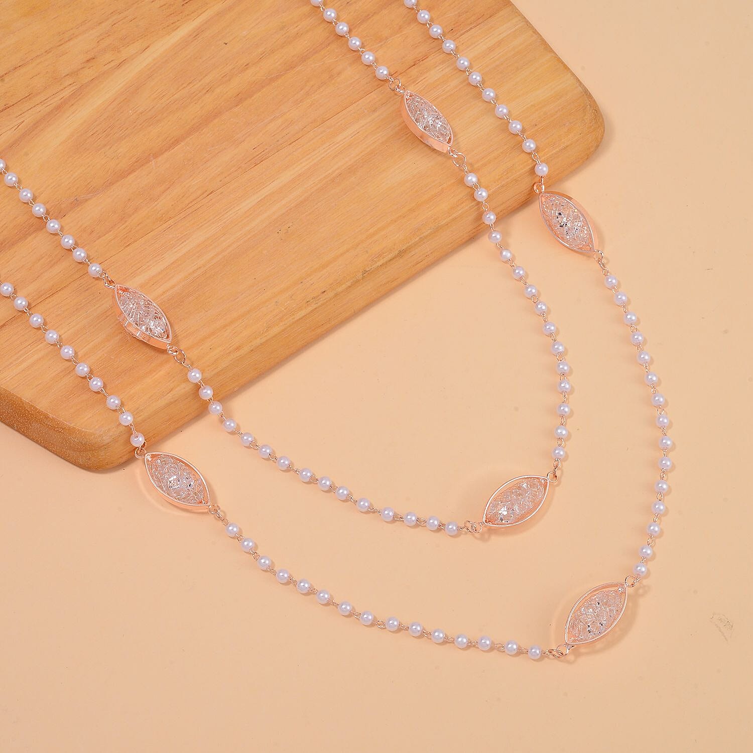 Plastic Pearl , White Crystal Necklace (Size - 30) Pure Rose Brass 0.02 ct 0.020 Ct.