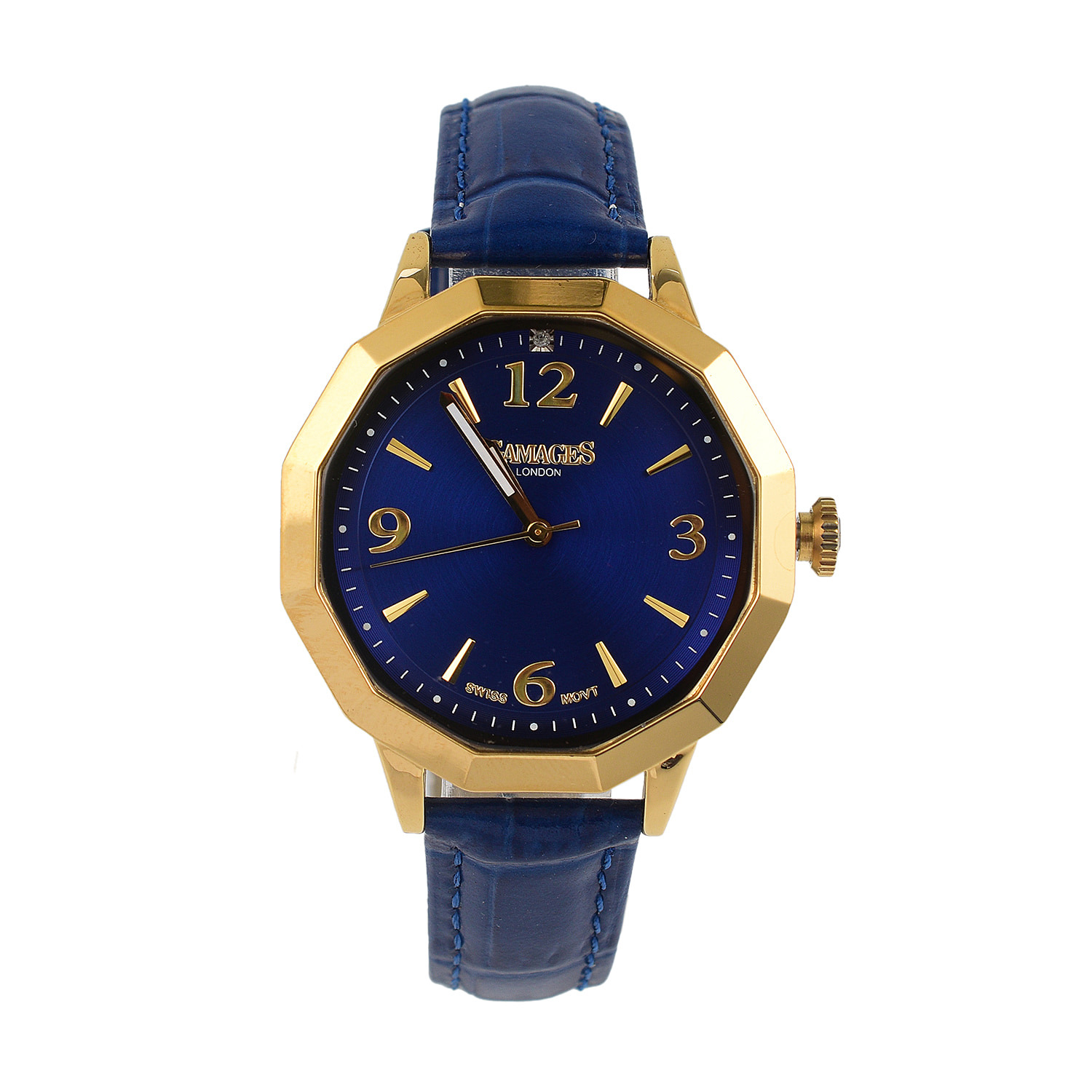 Gamages of London Dame Diamond Swiss Quartz Movement Water Resistant Watch with Navy Blue Leather Strap in Gold Tone