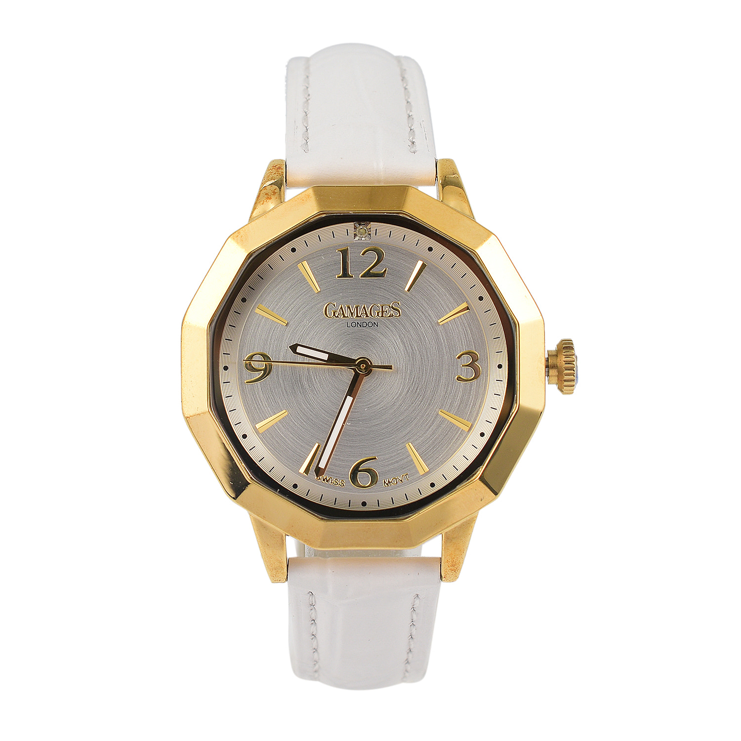 Gamages of London Ladies Dame Diamond Swiss Quartz Movement Water Resistant Watch with White Leather Strap in Gold Tone