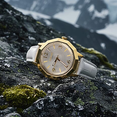 Gamages of London Ladies Dame Diamond Swiss Quartz Movement Water Resistant Watch with White Leather Strap in Gold Tone