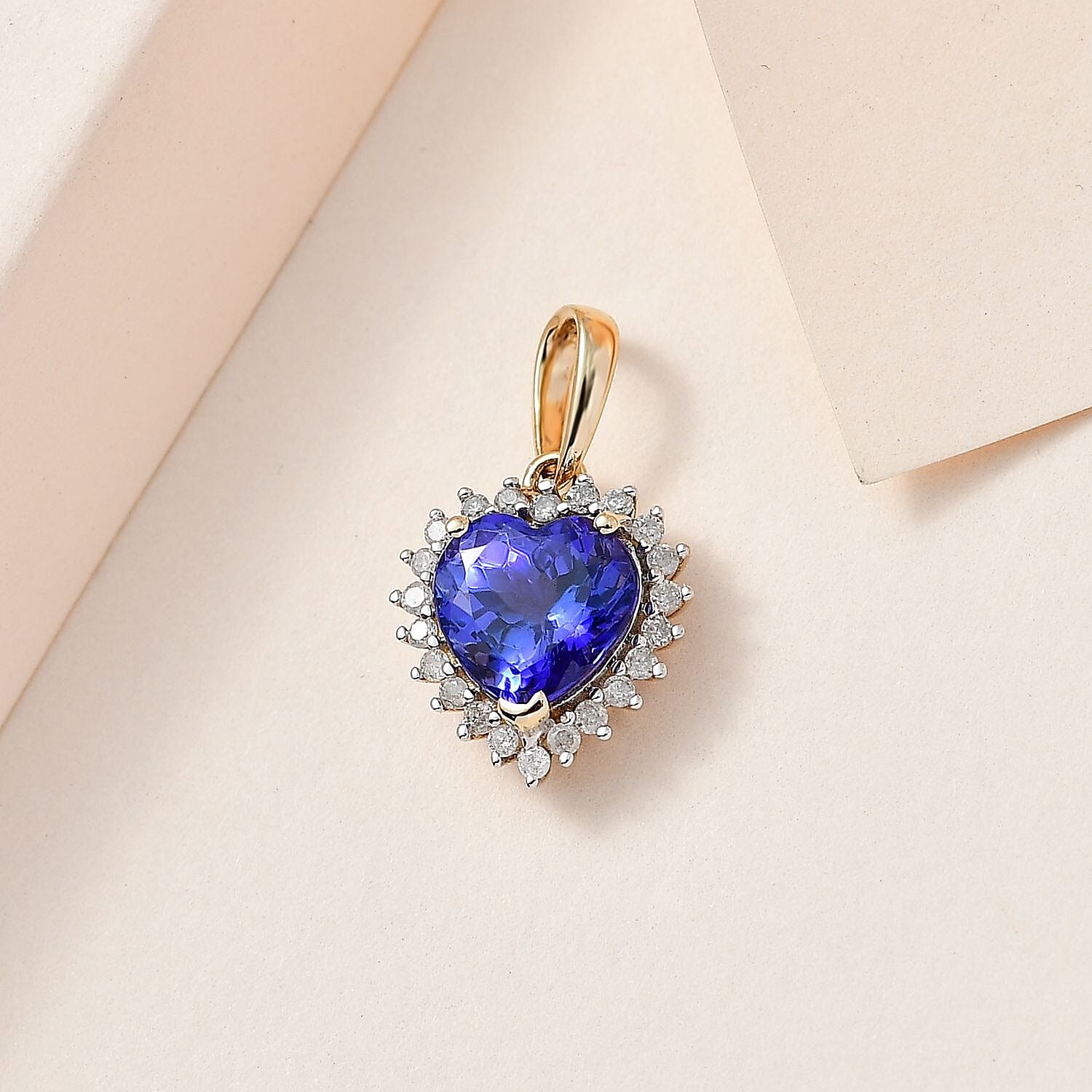 14K Yellow Gold AAA Tanzanite & Diamond Heart Halo Pendant 1.93 Ct