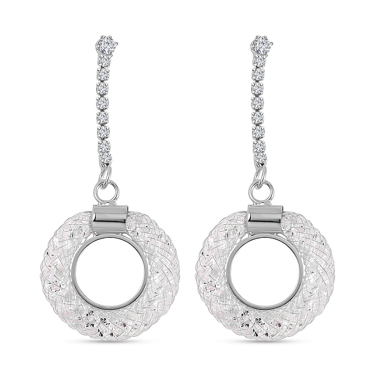 White Austrian Crystal Circle Dangle Earrings in Silver Tone