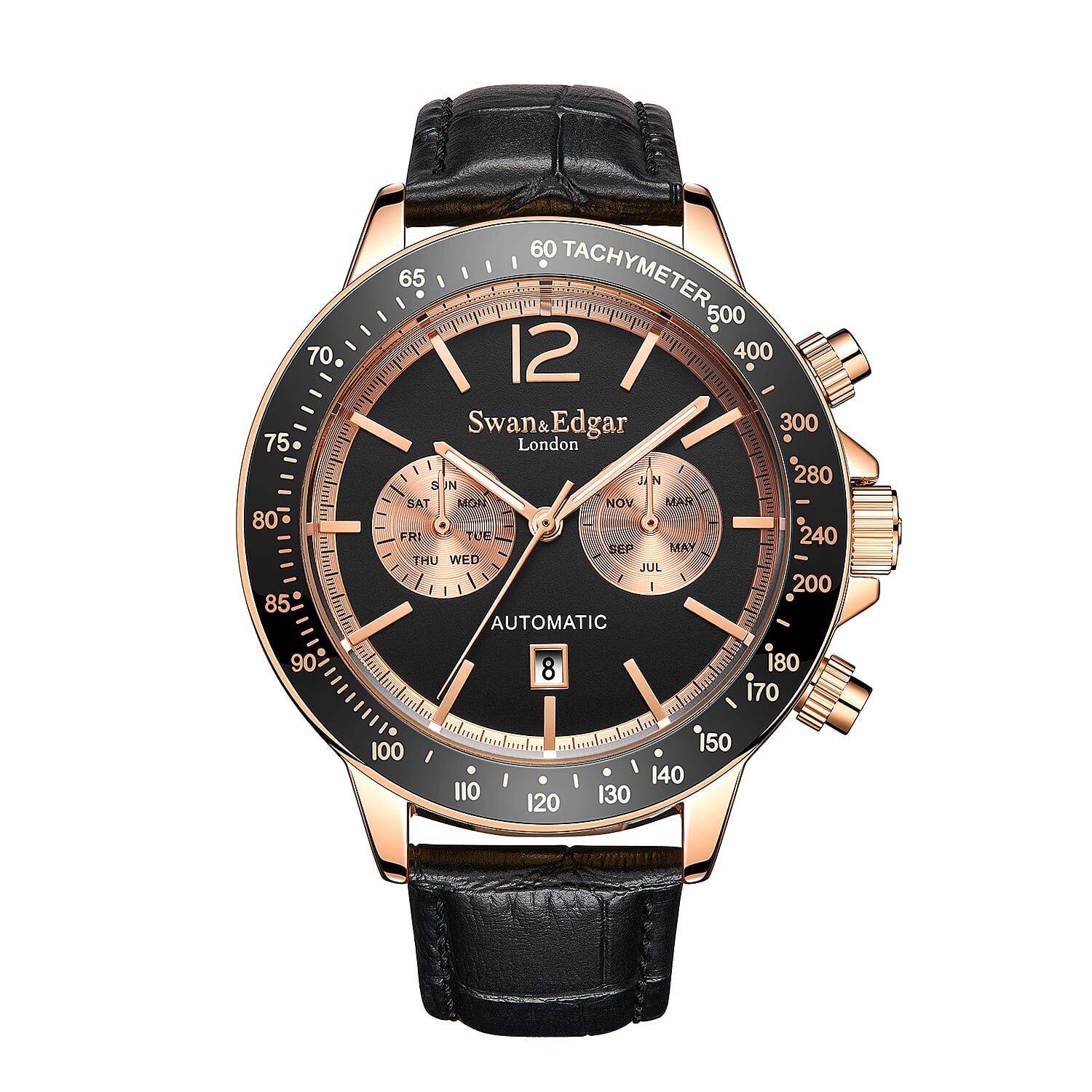 Limited Edition Swan & Edgar Hand Assembled Speedometer Automatic Movement Rose Gold Case 3ATM Water Resitant Watch with Hand Waxed Deep Black Leather Strap