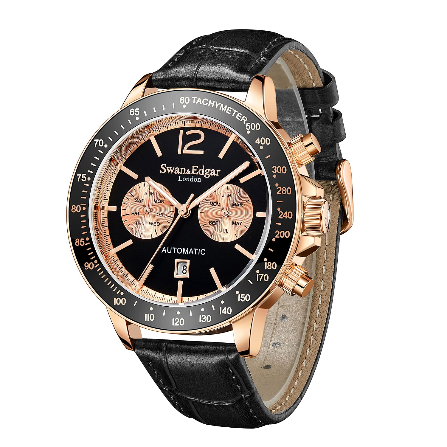 Limited Edition Swan & Edgar Hand Assembled Speedometer Automatic Movement Rose Gold Case 3ATM Water Resitant Watch with Hand Waxed Deep Black Leather Strap