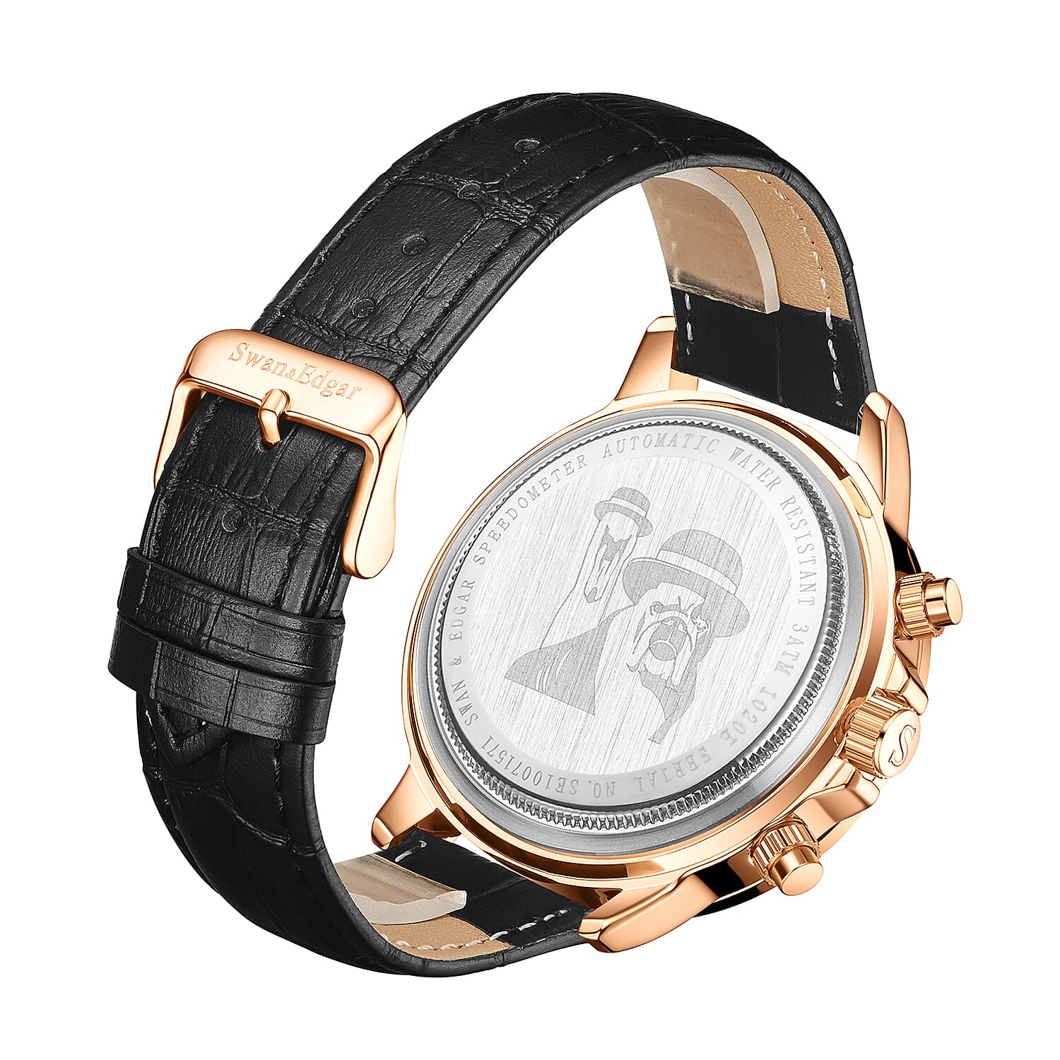 Limited Edition Swan & Edgar Hand Assembled Speedometer Automatic Movement Rose Gold Case 3ATM Water Resitant Watch with Hand Waxed Deep Black Leather Strap