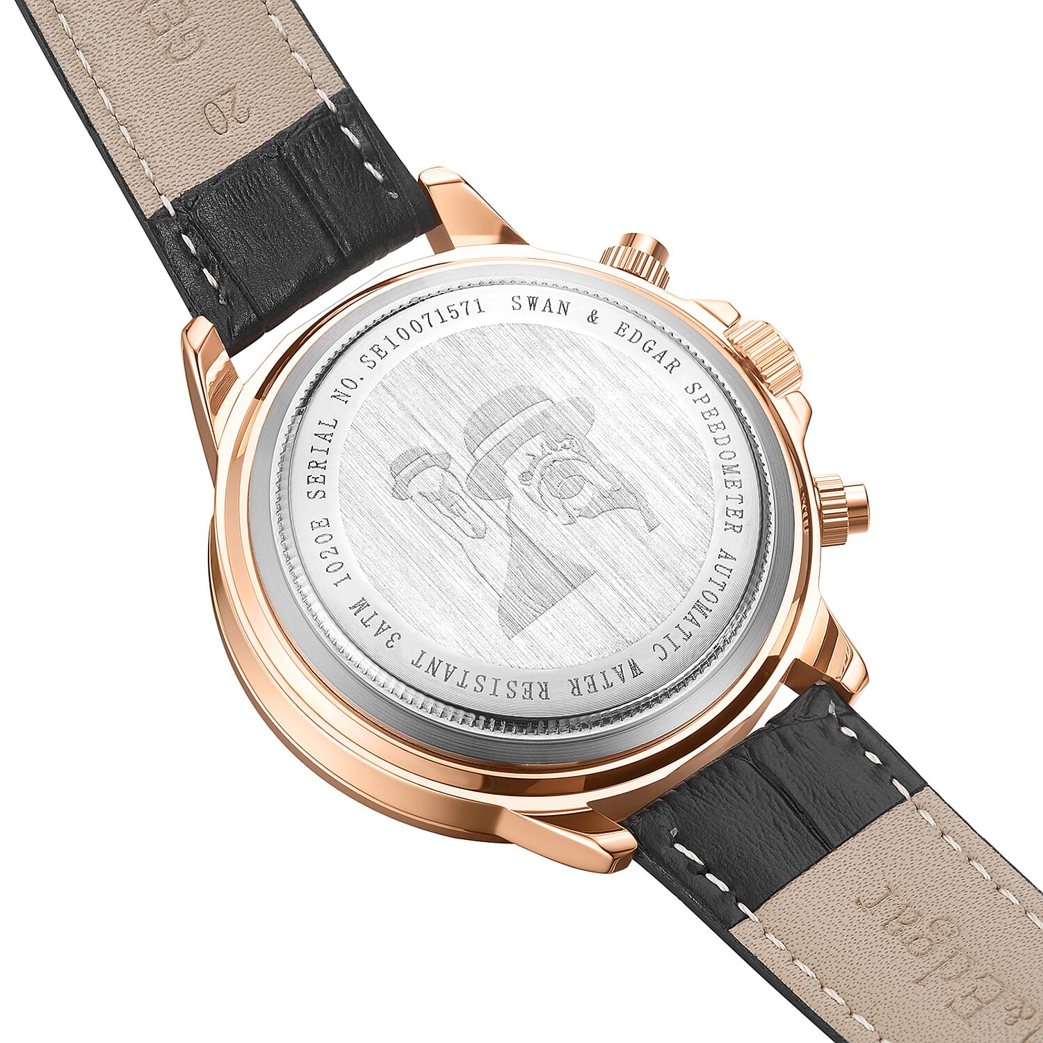 Limited Edition Swan & Edgar Hand Assembled Speedometer Automatic Movement Rose Gold Case 3ATM Water Resitant Watch with Hand Waxed Deep Black Leather Strap