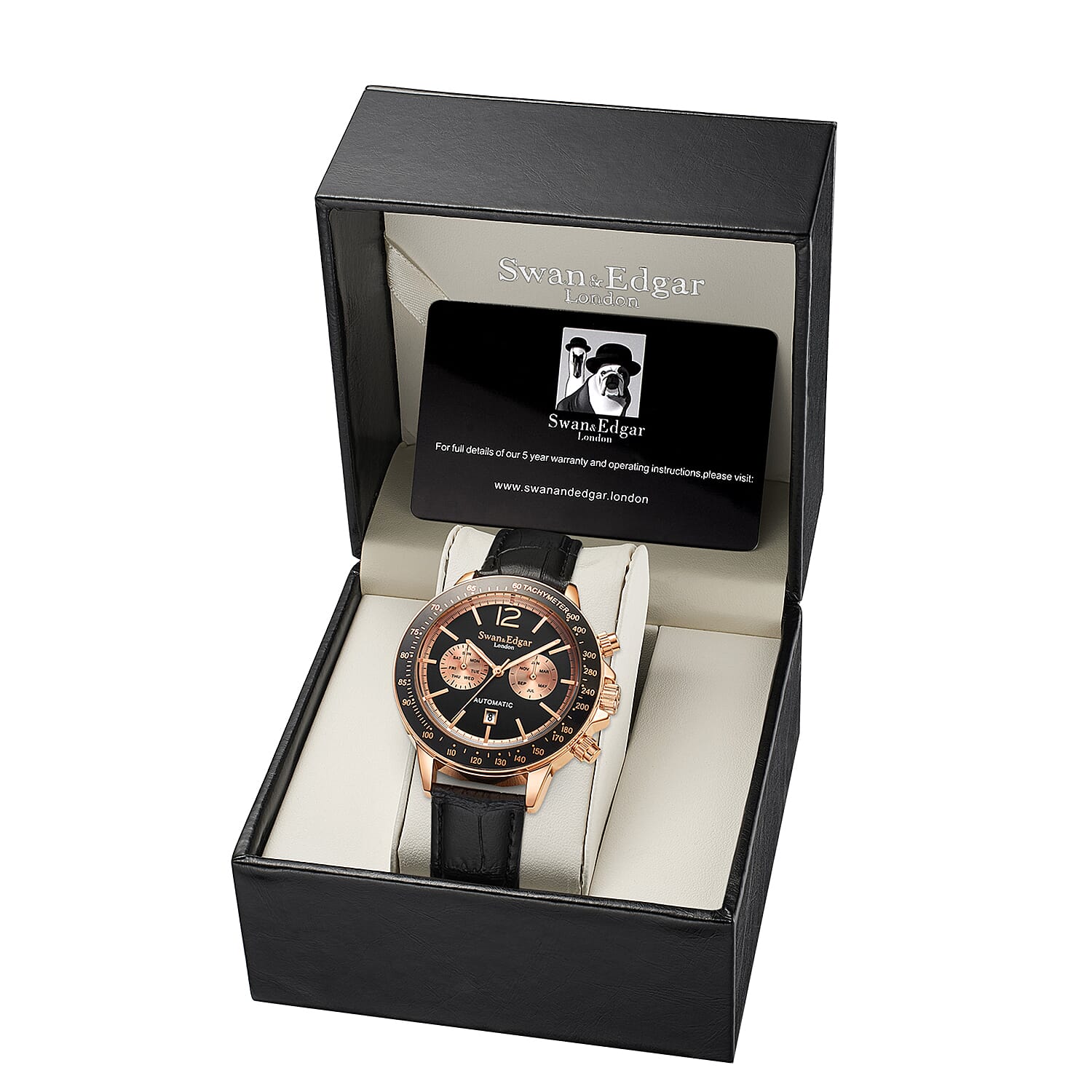 Limited Edition Swan & Edgar Hand Assembled Speedometer Automatic Movement Rose Gold Case 3ATM Water Resitant Watch with Hand Waxed Deep Black Leather Strap