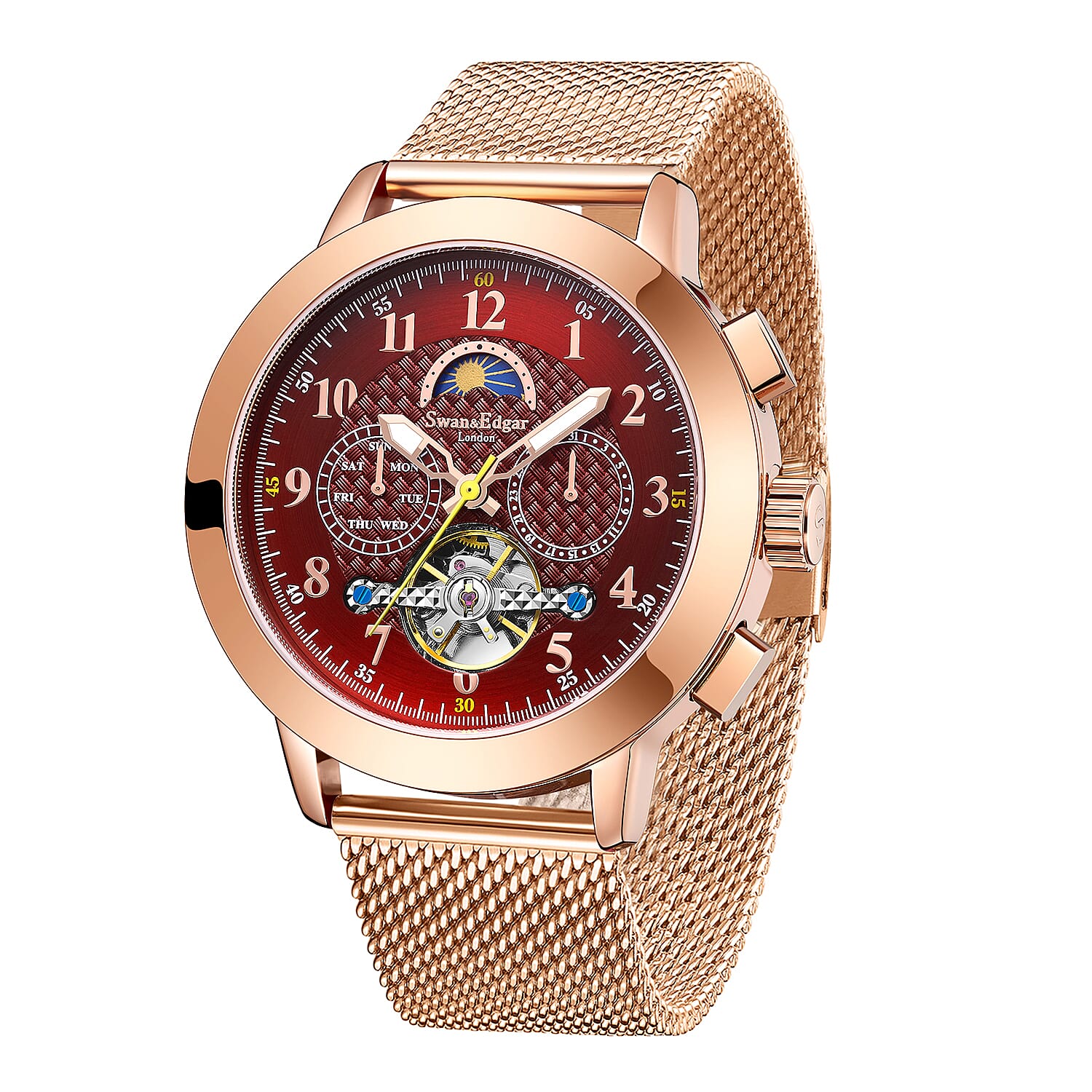 Limited Edition Swan & Edgar Hand Assembled Observatory Automatic Moevement Red Dial Rose Gold Crown Water Resistant Watch With Rose Gold Mesh Bracelet