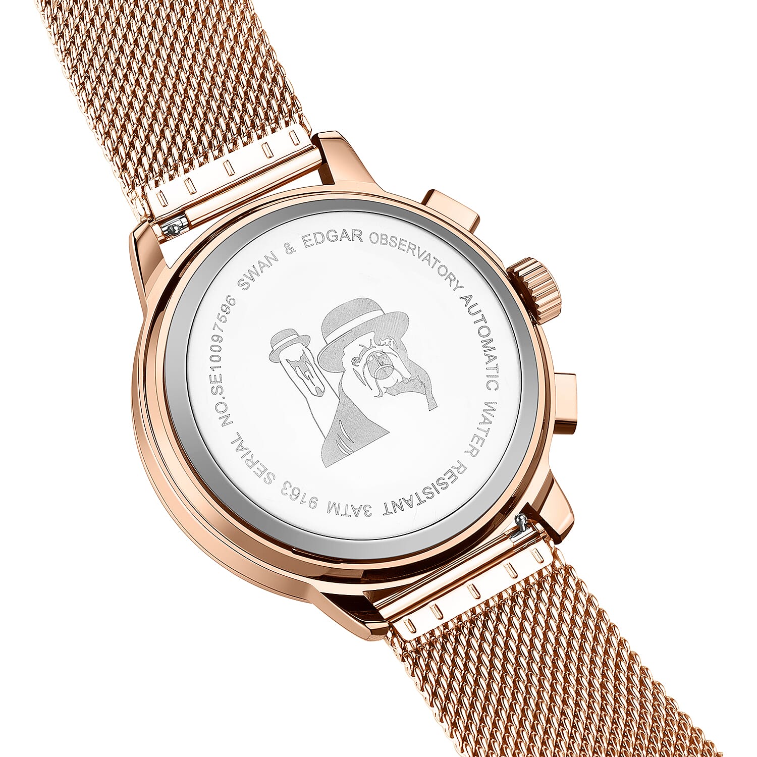 Limited Edition Swan & Edgar Hand Assembled Observatory Automatic Moevement Red Dial Rose Gold Crown Water Resistant Watch With Rose Gold Mesh Bracelet