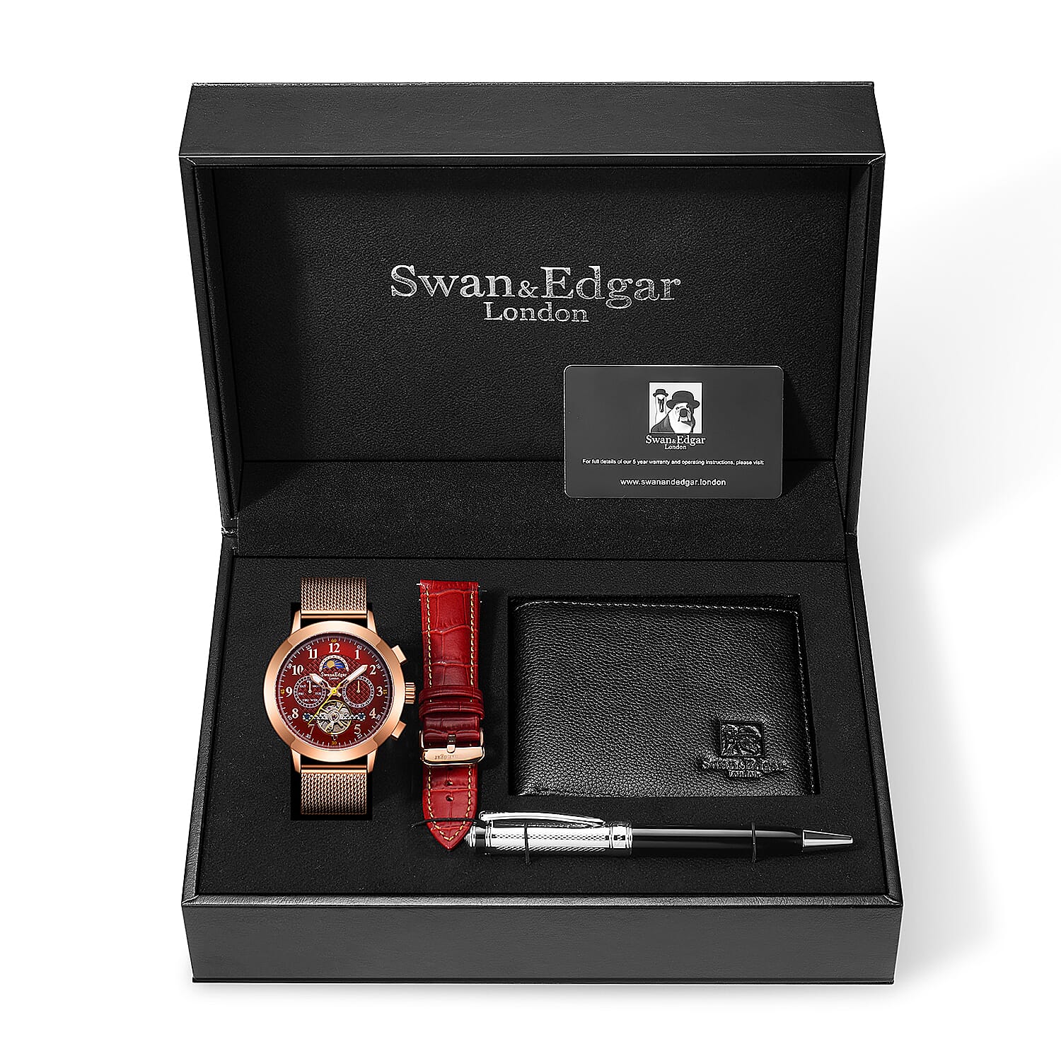 Limited Edition Swan & Edgar Hand Assembled Observatory Automatic Moevement Red Dial Rose Gold Crown Water Resistant Watch With Rose Gold Mesh Bracelet