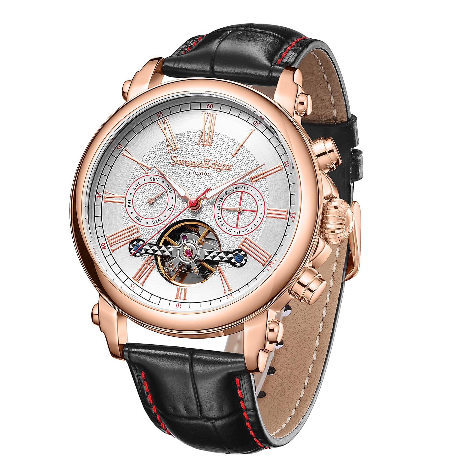 Limited Edition Swan & Edgar Hand Assembled Scholar Automatic Movement White Dial Water Resistant Watch With Black Leather Strap