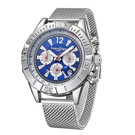 Limited Edition Swan & Edgar Hand Assembled Honour Mechancial Quartz Chronograph Silver Navy Dial Water Resistant Watch With Stainless Steel Mesh Bracelet