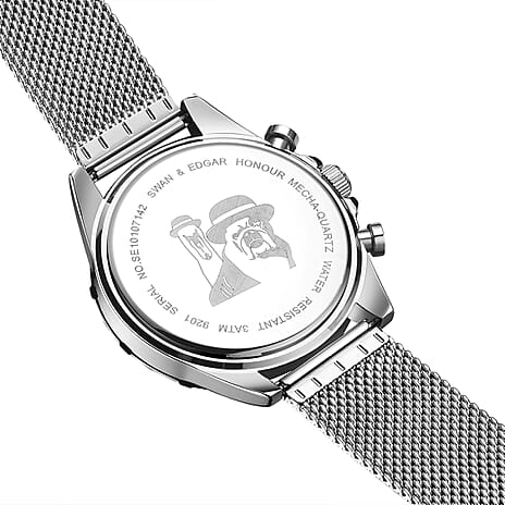 Limited Edition Swan & Edgar Hand Assembled Honour Mechancial Quartz Chronograph Silver Navy Dial Water Resistant Watch With Stainless Steel Mesh Bracelet