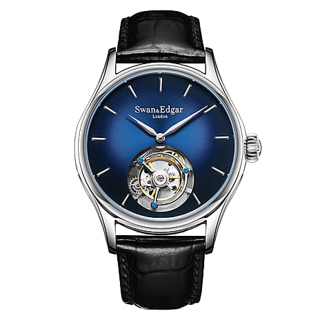 Limited Edition Swan & Edgar Hand Assembled Tourbillon Automatic Movement Crystal Studded Dawn Blue Dial Water Resistant Watch With Black Leather Strap & Buterlfy Folding Clasp