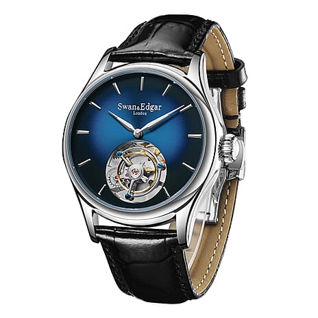 Limited Edition Swan & Edgar Hand Assembled Tourbillon Automatic Movement Crystal Studded Dawn Blue Dial Water Resistant Watch With Black Leather Strap & Buterlfy Folding Clasp