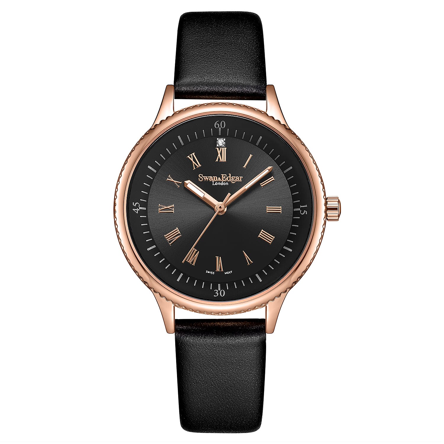 Swan & Edgar Ladies Oyster Diamond Swiss Quartz Movement Chapter Ring Black Dial Rose Gold Bezel 3ATM Water Resistant Watch With Black Leather Bracelet