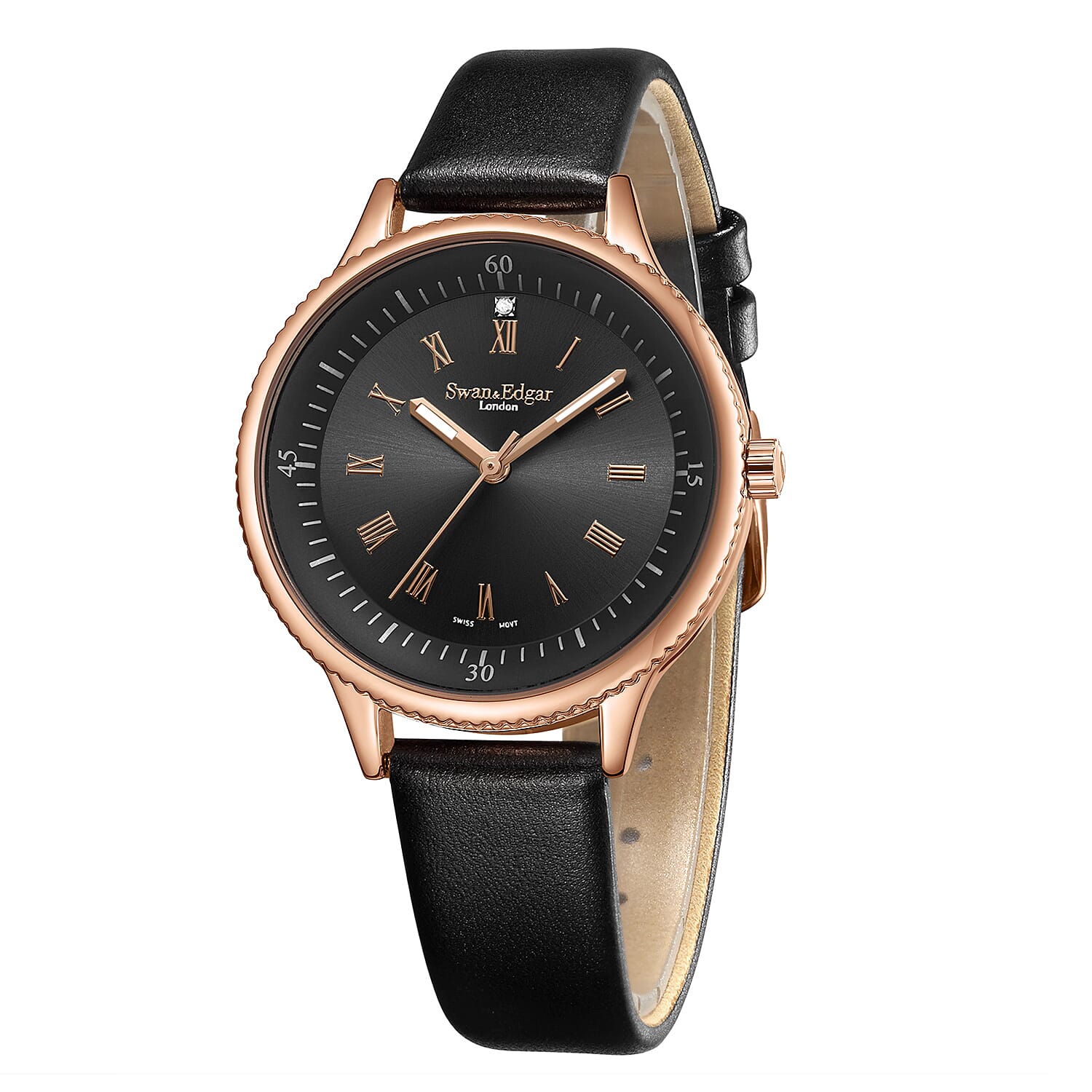 Swan & Edgar Ladies Oyster Diamond Swiss Quartz Movement Chapter Ring Black Dial Rose Gold Bezel 3ATM Water Resistant Watch With Black Leather Bracelet