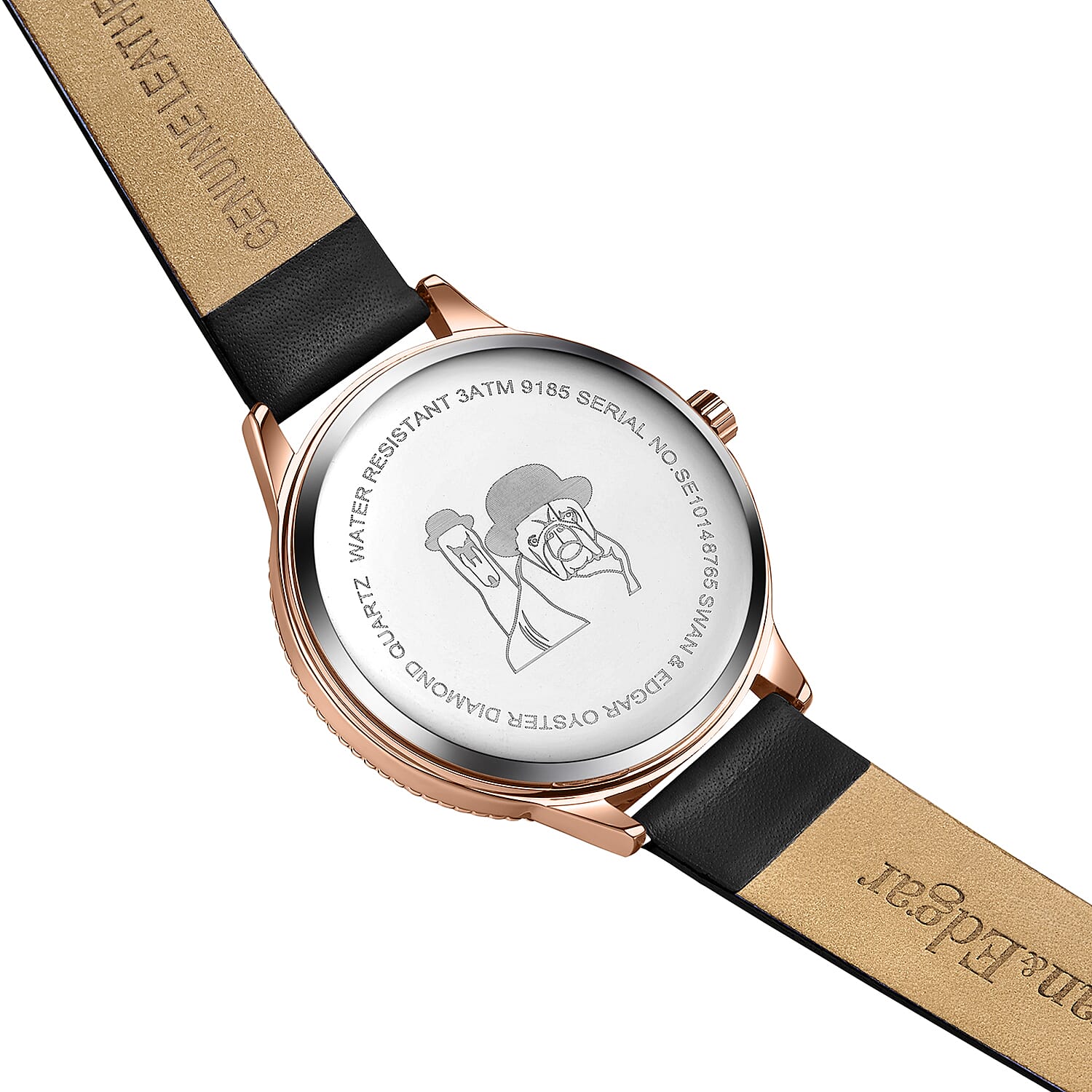 Swan & Edgar Ladies Oyster Diamond Swiss Quartz Movement Chapter Ring Black Dial Rose Gold Bezel 3ATM Water Resistant Watch With Black Leather Bracelet