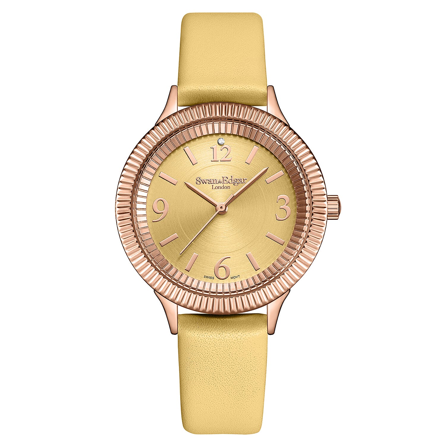 Swan & Edgar Ladies Crown Diamond Swiss Quartz Movement Yellow Gold Dial Champagne Bezel 3ATM Water Resistant Watch With Yellow Gold Leather Bracelet