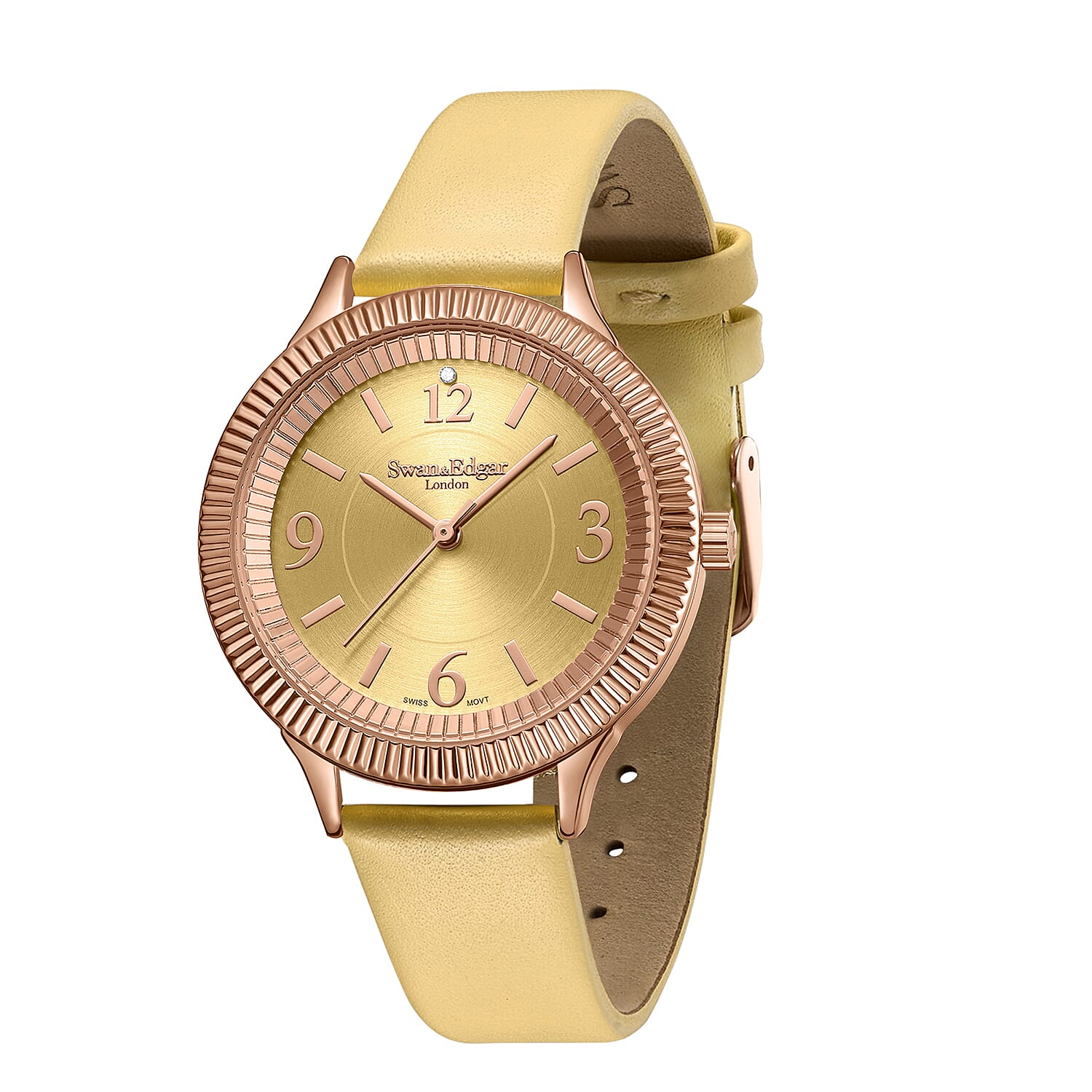 Swan & Edgar Ladies Crown Diamond Swiss Quartz Movement Yellow Gold Dial Champagne Bezel 3ATM Water Resistant Watch With Yellow Gold Leather Bracelet