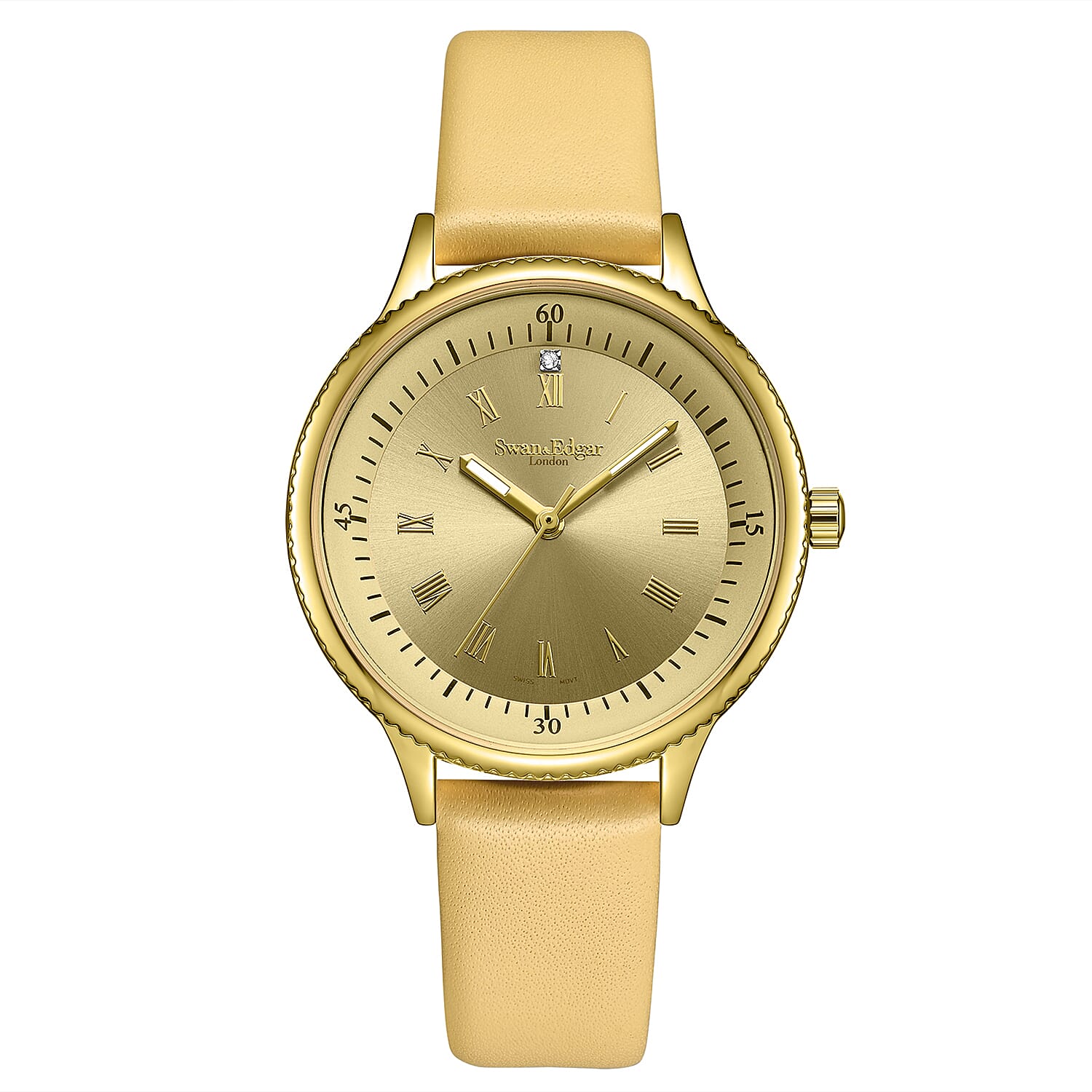 Swan Edgar Ladies Oyster Diamond Swiss Quartz Movement Chapter Ring Gold Dial 3ATM Water Resistant Watch With Yellow Gold Leather Bracelet 7664051 TJC