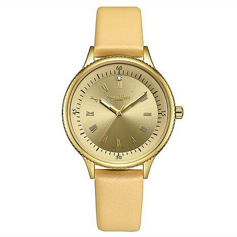 Swan & Edgar Ladies Oyster Diamond Swiss Quartz Movement Chapter Ring Gold Dial 3ATM Water Resistant Watch With Yellow Gold Leather Bracelet