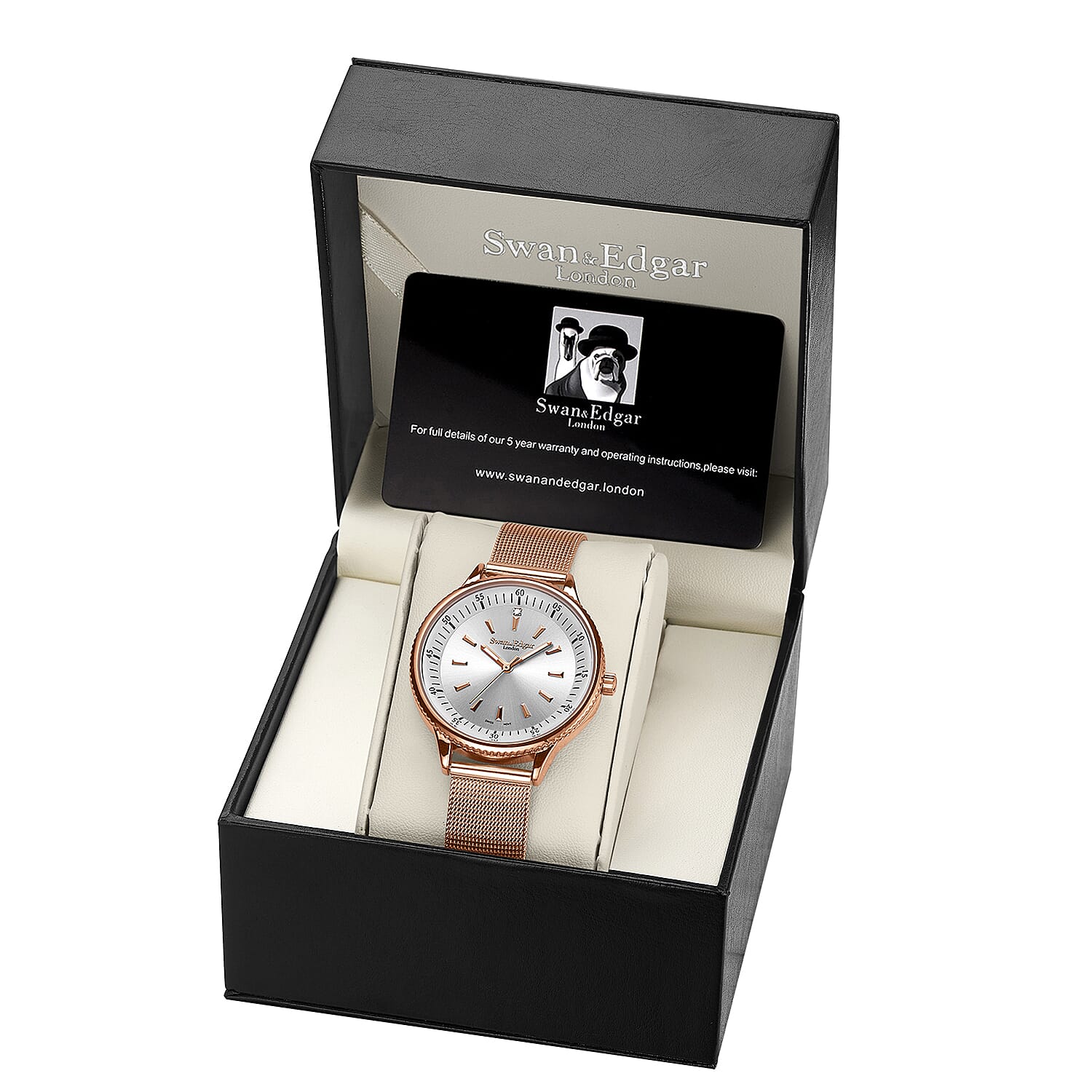 Swan & Edgar Ladies Bliss Diamond Swiss Quartz Movement White Dial 3ATM Water Resistant Watch With Rose Gold Stainless Steel Bracelet.