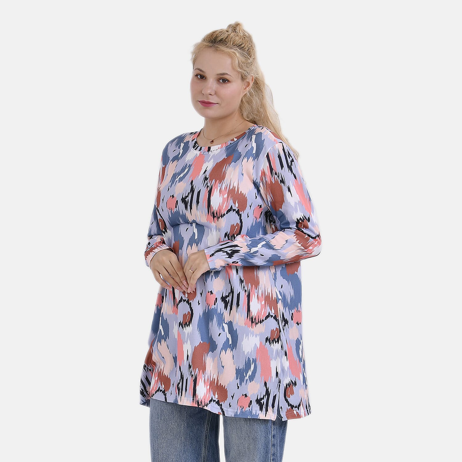 Closeout Deal Abstract Pattern Jersey Top (One Size) - Blue