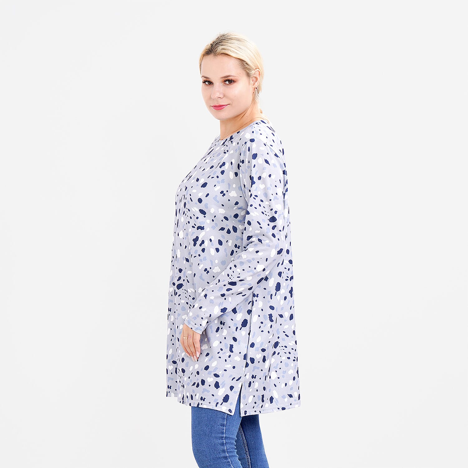 LA MAREY Spot Pattern Jersey Top (One Size Upto UK 20) - Grey