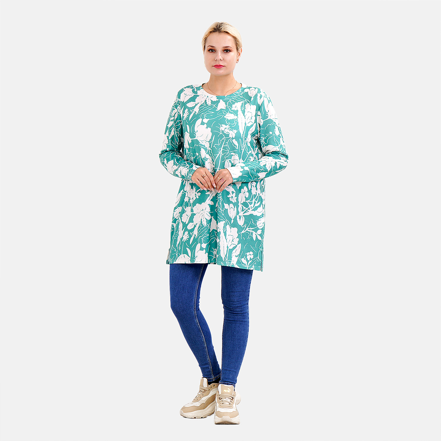 LA MAREY Floral & Leaves Pattern Jersey Top (One Size Upto UK 20) - Green
