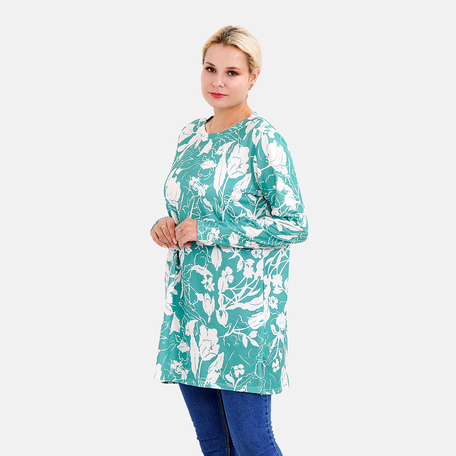 LA MAREY Floral - Leaves Pattern Jersey Top (One Size Upto UK 20) - Green