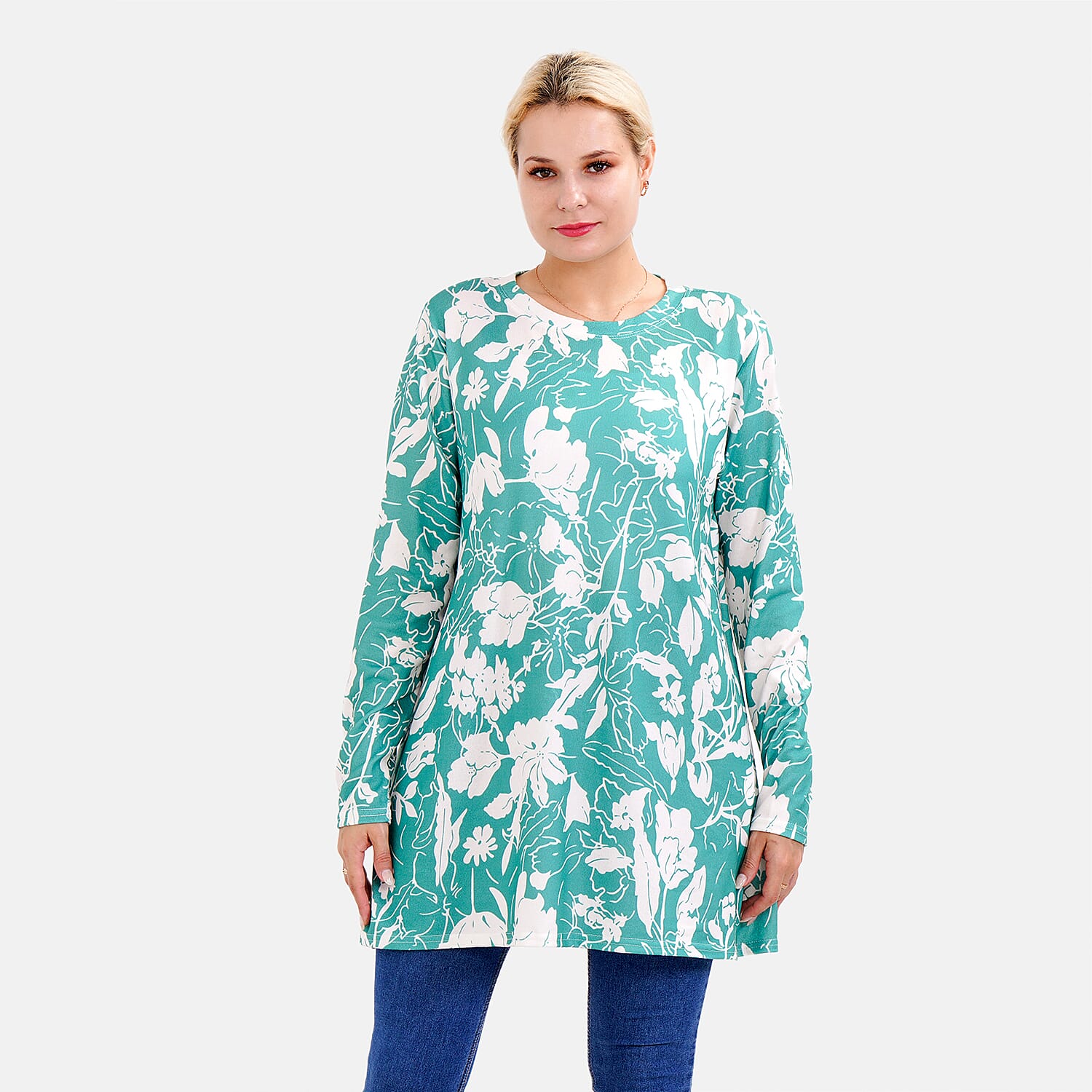 LA MAREY Floral - Leaves Pattern Jersey Top (One Size Upto UK 20) - Green
