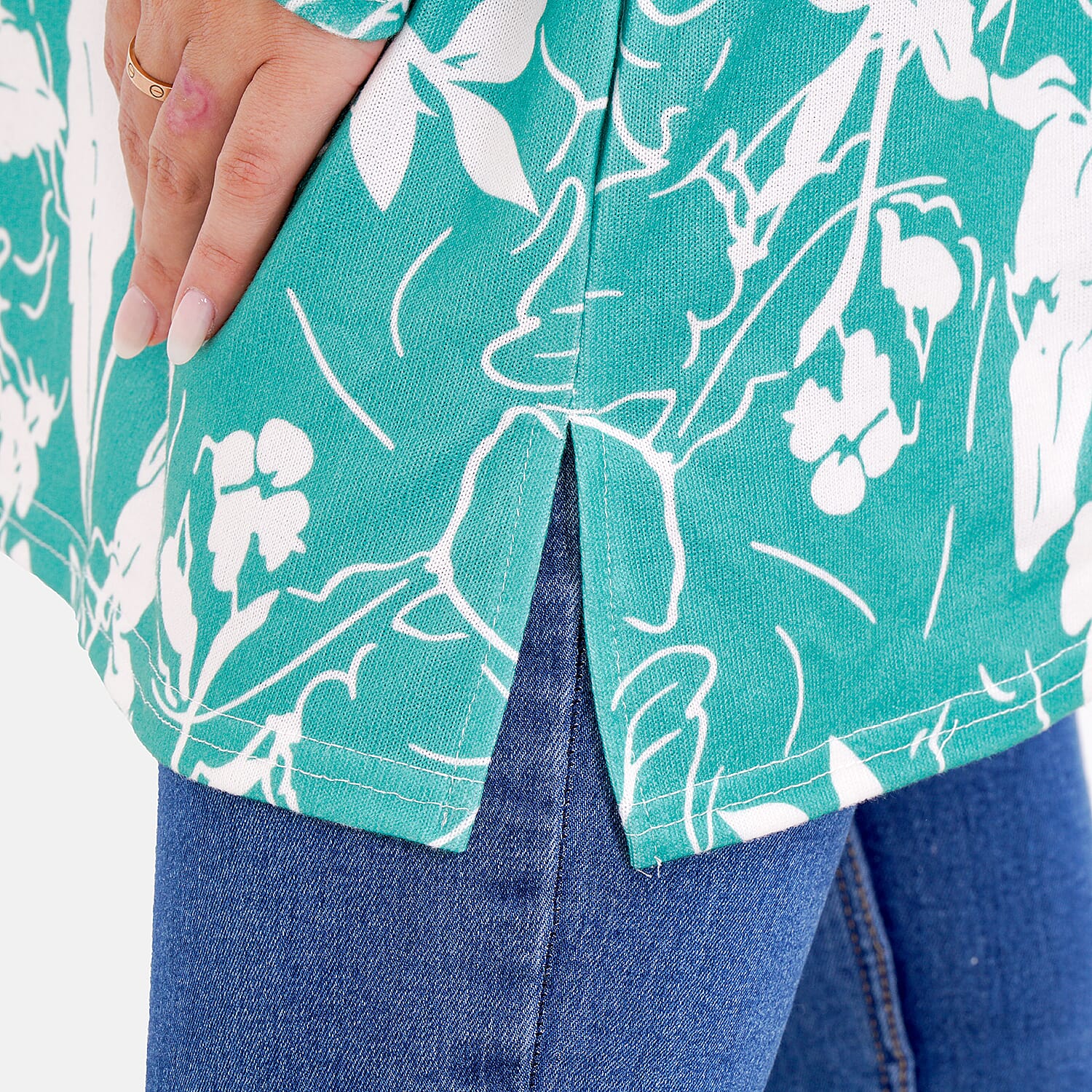 LA MAREY Floral - Leaves Pattern Jersey Top (One Size Upto UK 20) - Green