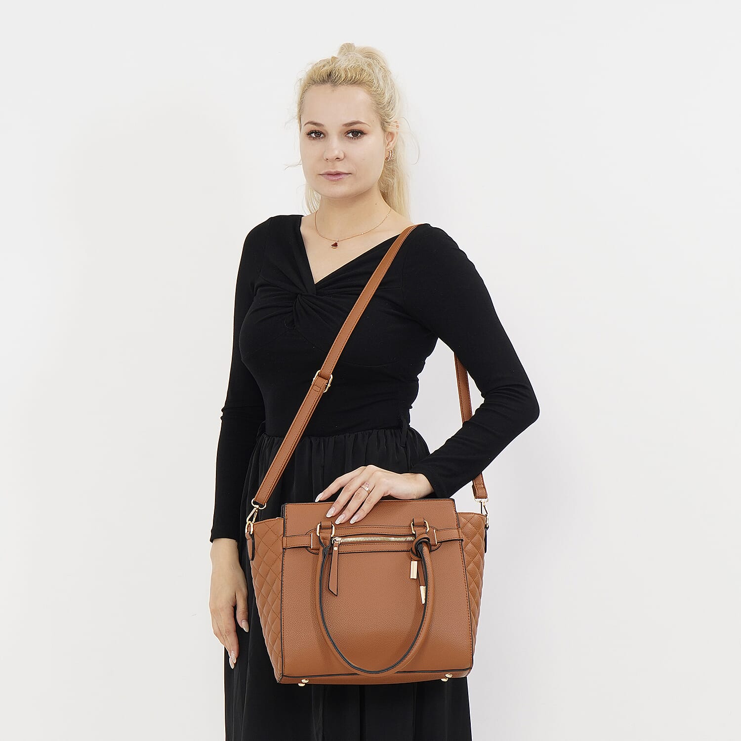 Stylish Solid Leatherette Crossbody Bag with Handle Drop - Tan