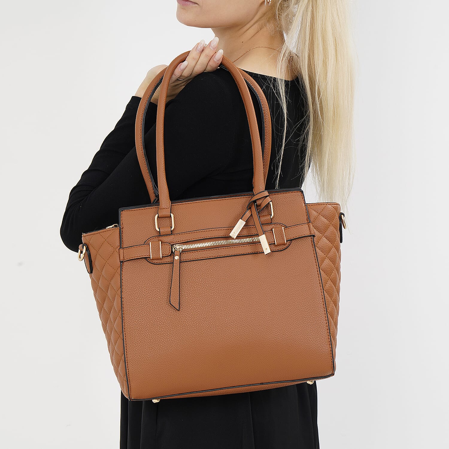 Stylish Solid Leatherette Crossbody Bag with Handle Drop - Tan