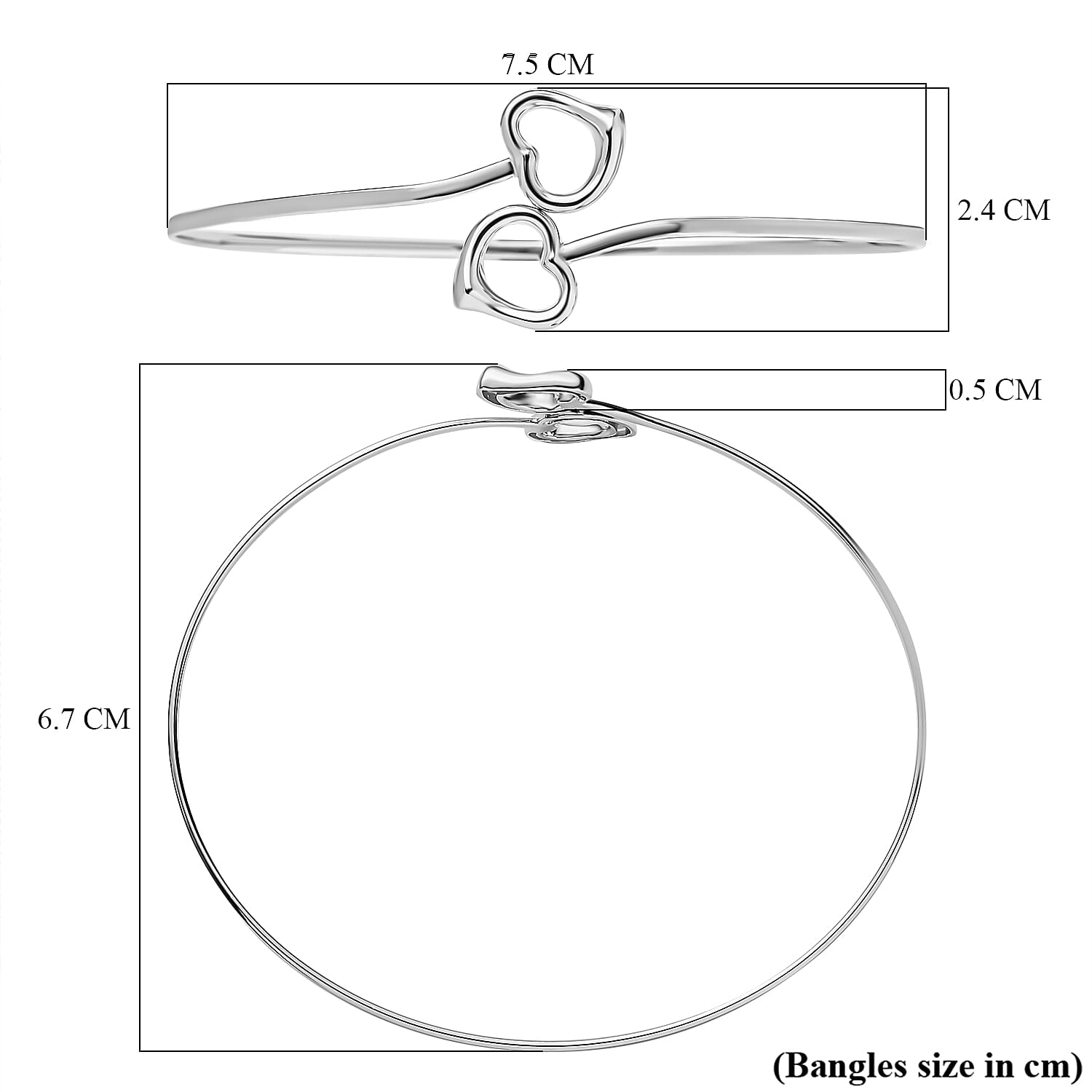Designer Inspired Close Out Deal - BypassHeart Bangle (Size-7.75) in Platinum Overlay Sterling Silver, Silver Wt 7.00 GM