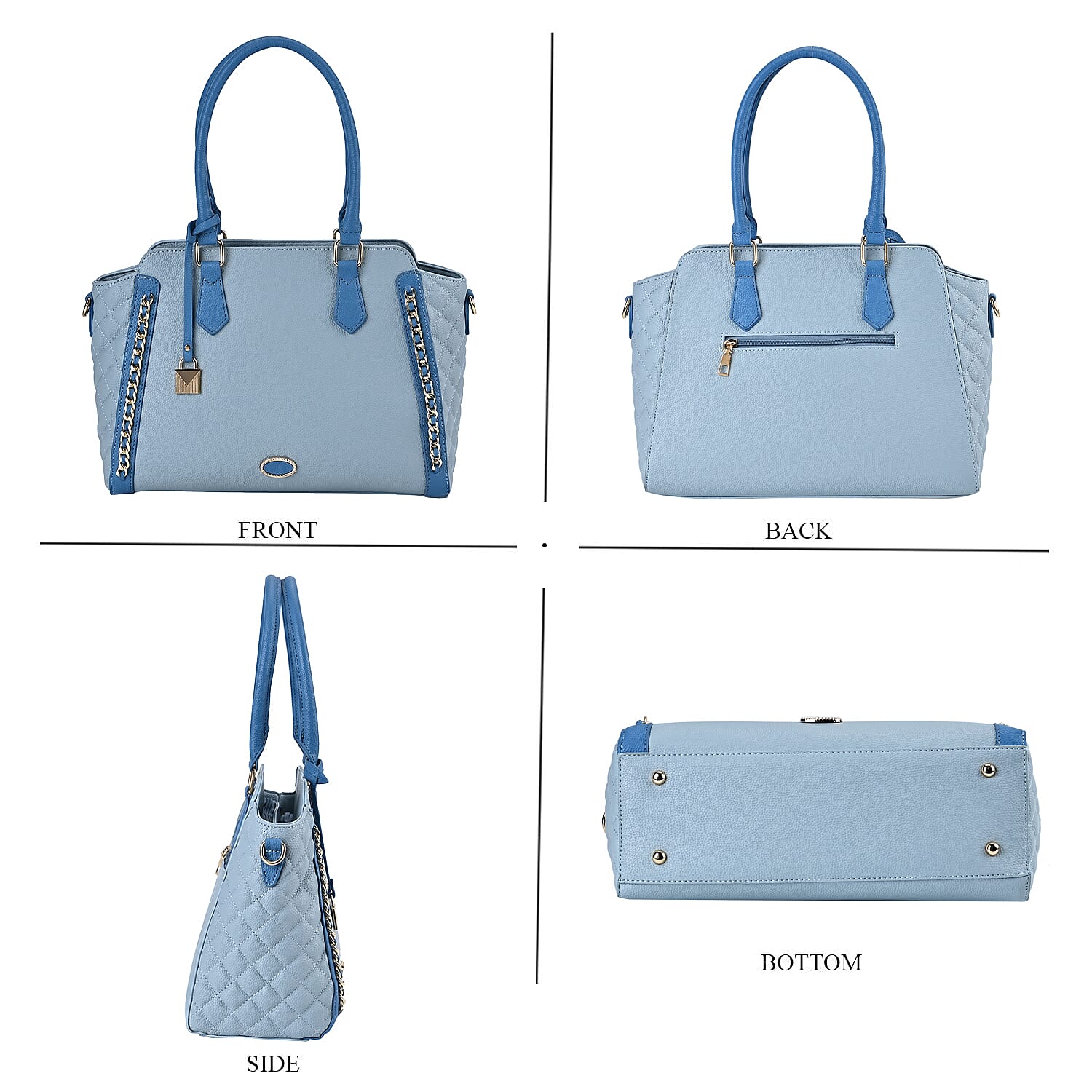 Quilted Checker Pattern Leatherette Crossbody Bag With Metal Chain Decoration - Light Blue & Blue