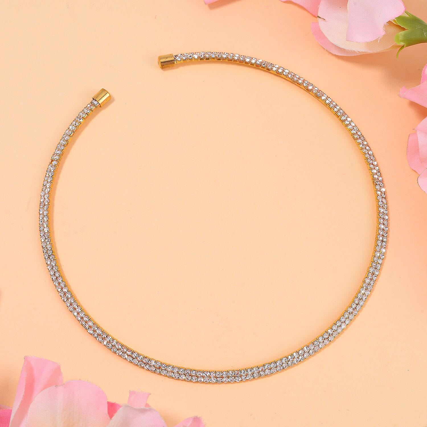 White Austrian Crystal Tennis Necklace (Size - 15) in Gold Tone